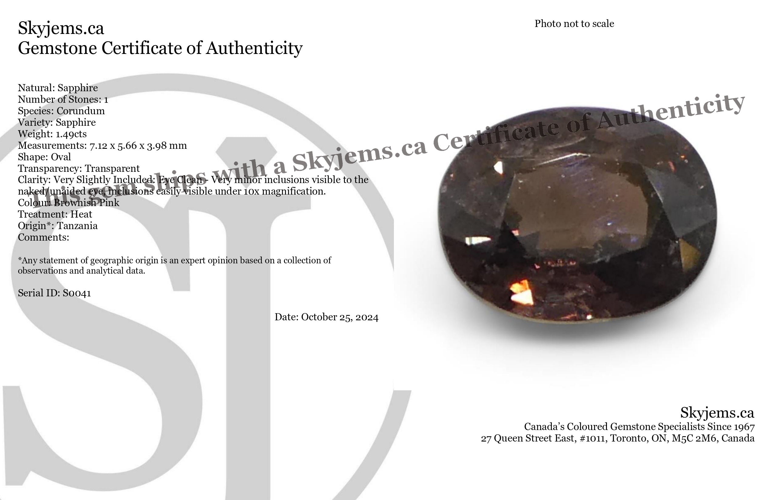 1.49ct Oval Brownish Pink Tanzanian Sapphire, heated single stone from SkyJems premium colored gemstone collection