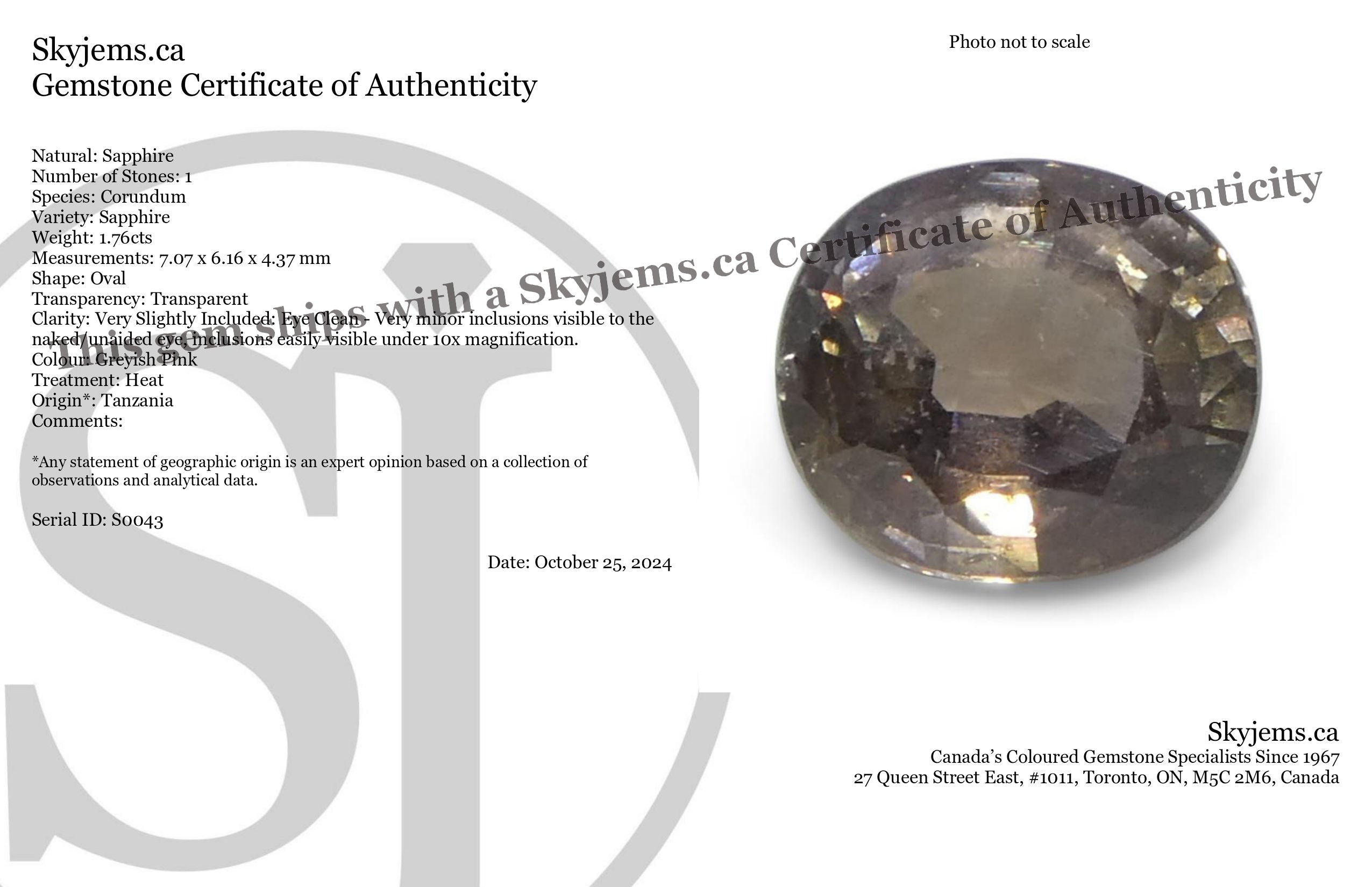 1.76ct Greyish Pink Tanzanian Sapphire, oval-cut single stone from SkyJems' premium colored gemstone collection