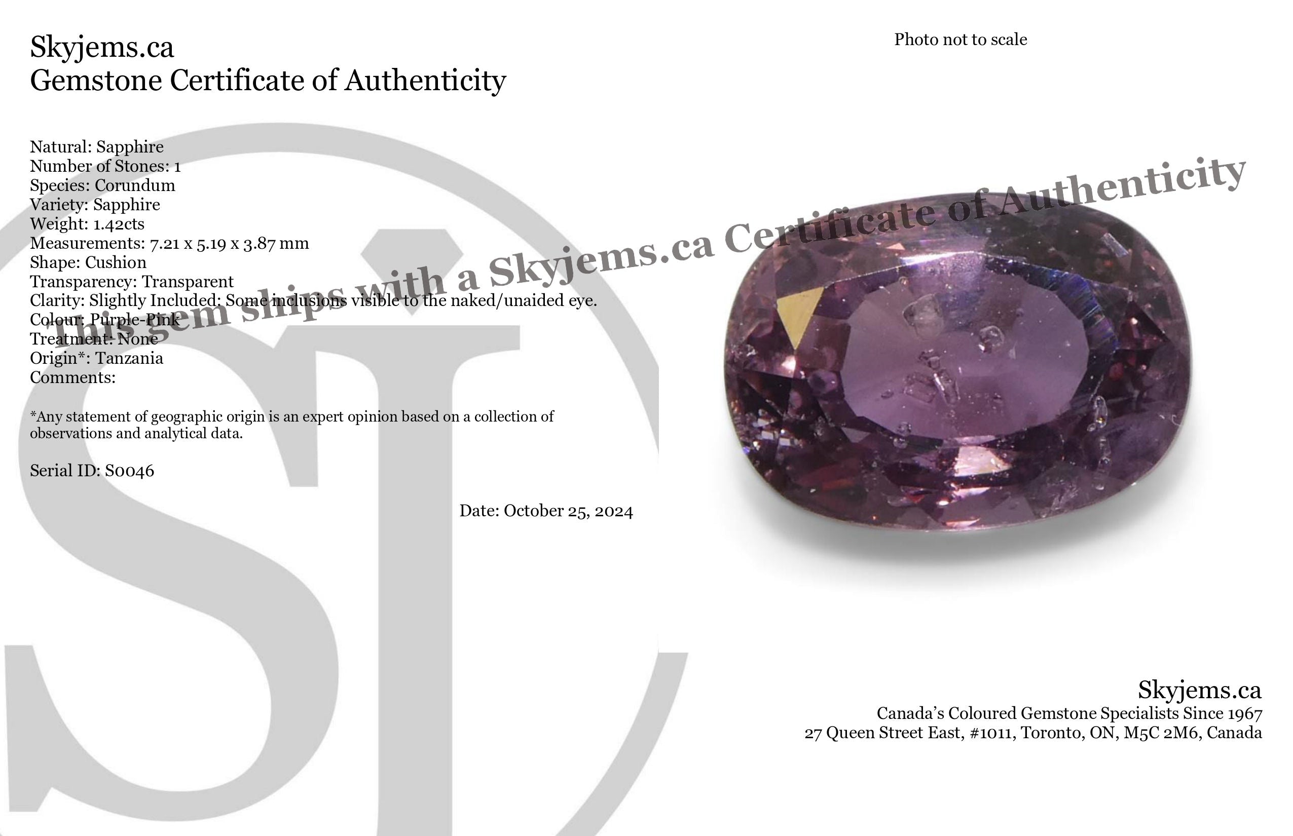 1.42ct Unheated Cushion Purple-Pink Sapphire from Tanzania, Unheated - Skyjems Wholesale Gemstones