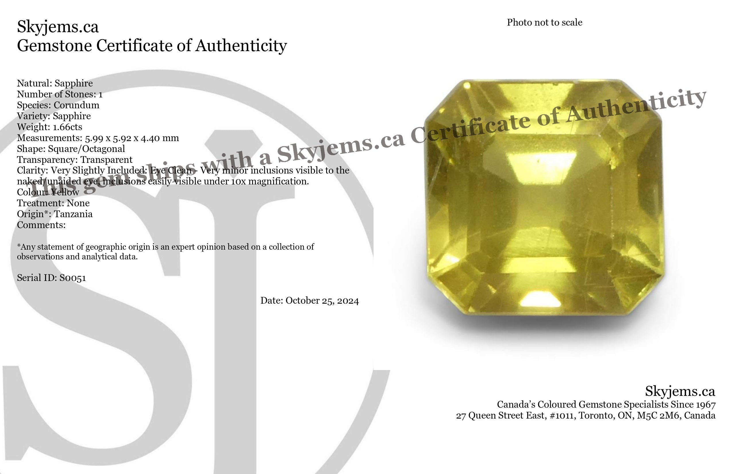 1.66ct Unheated Square/Octagonal Yellow Sapphire from Tanzania, Unheated - Skyjems Wholesale Gemstones