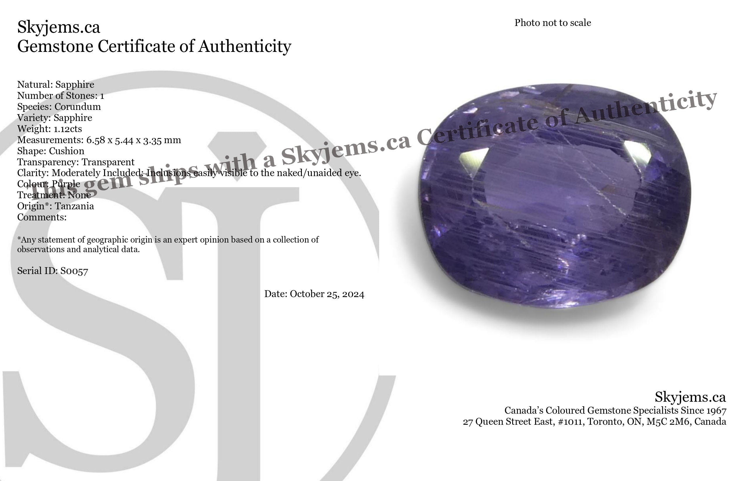 1.12ct Unheated Cushion Purple Sapphire from Tanzania, Unheated - Skyjems Wholesale Gemstones