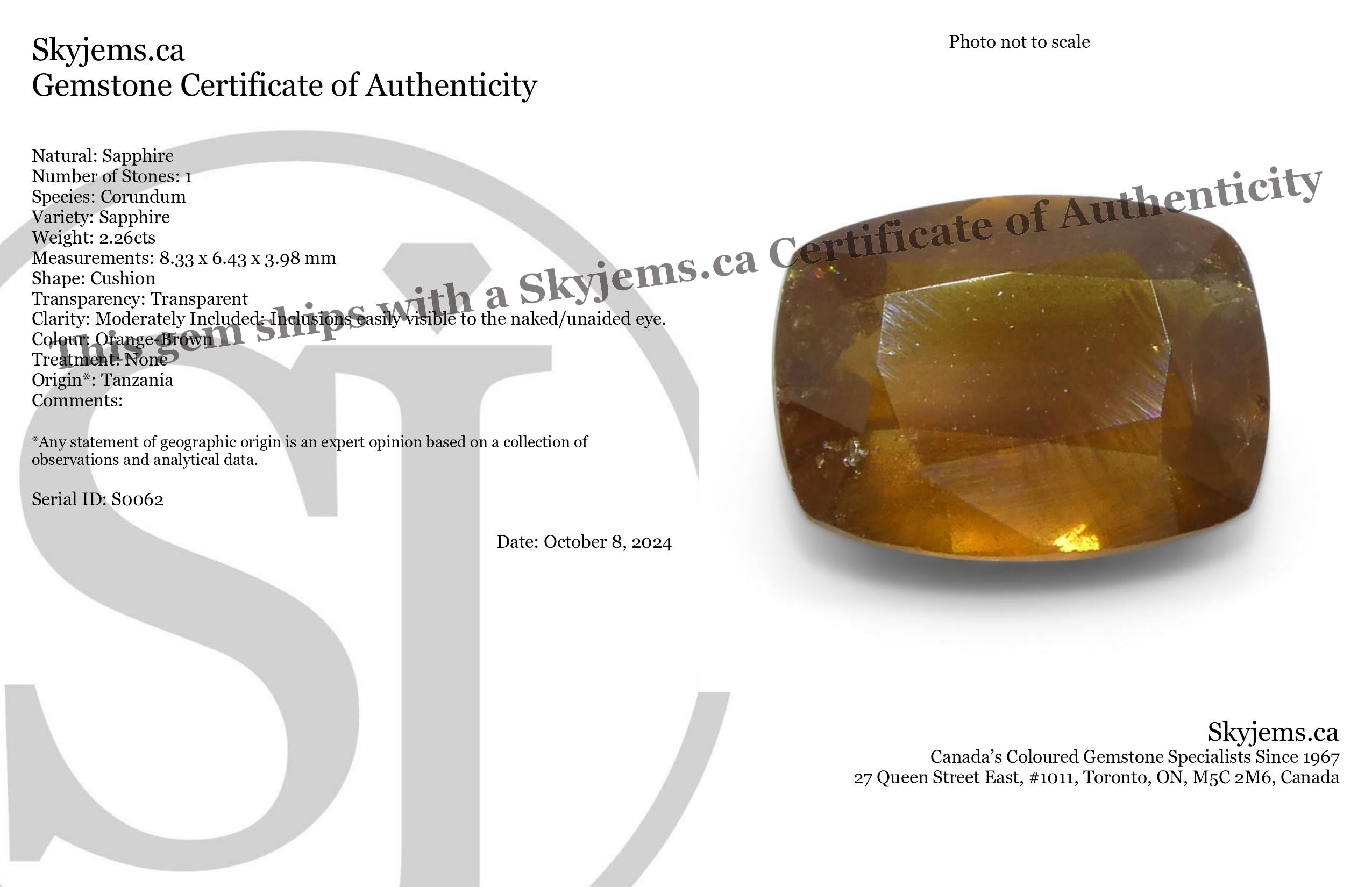 2.26ct Cushion Orange-Brown Sapphire from Tanzania, Unheated - Skyjems Wholesale Gemstones