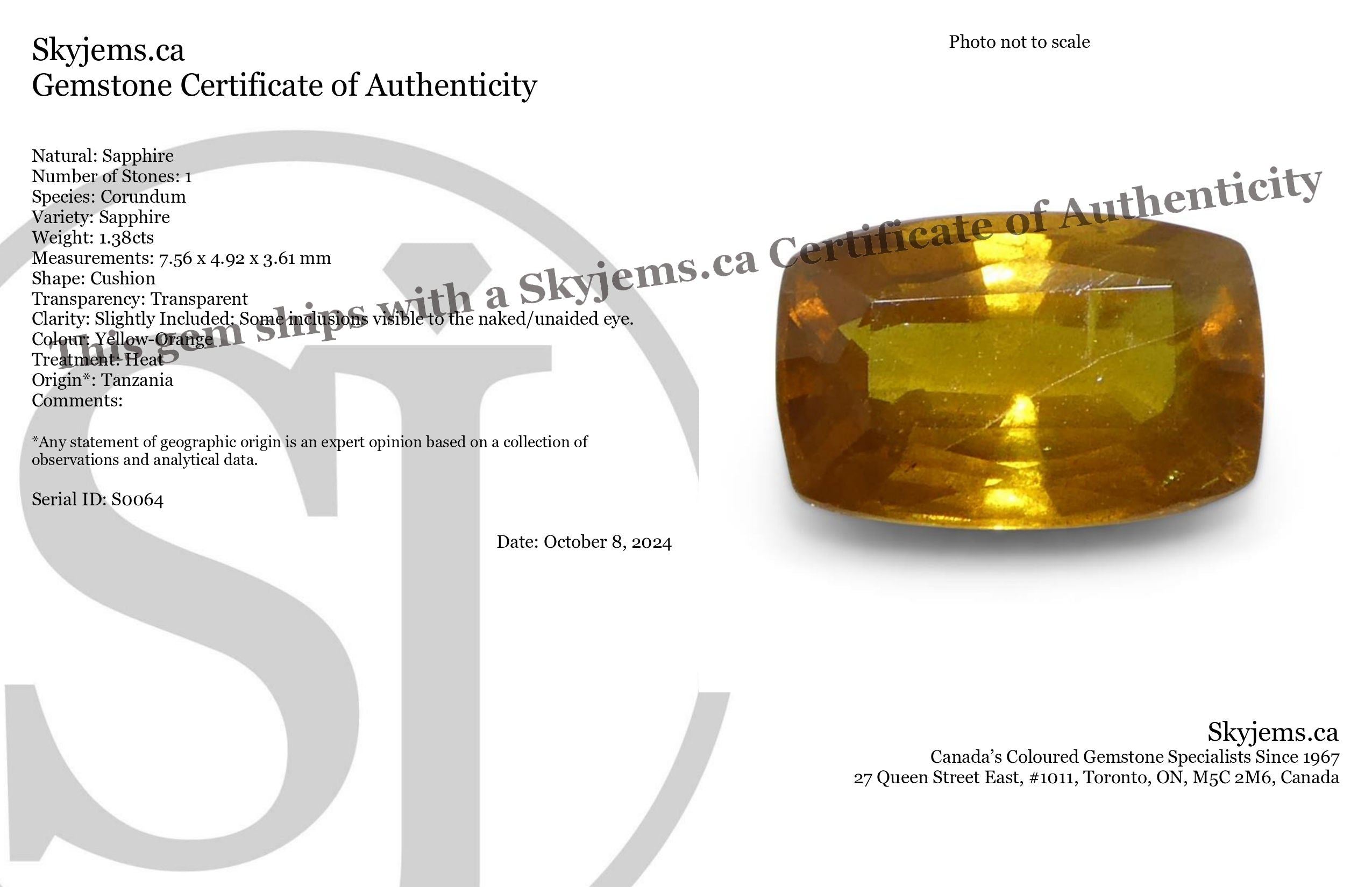 1.38ct Cushion Orange Sapphire from Tanzania, Heated - Skyjems Wholesale Gemstones