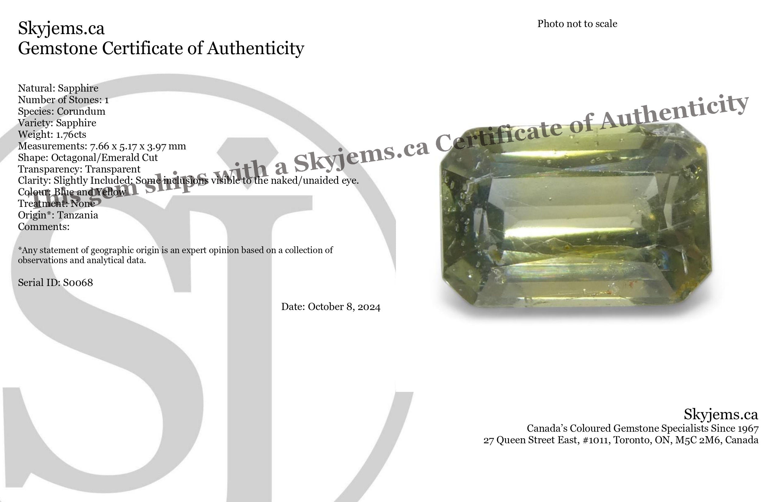 1.76ct Octagonal/Emerald Cut Blue and Yellow Sapphire from Tanzania, Unheated - Skyjems Wholesale Gemstones