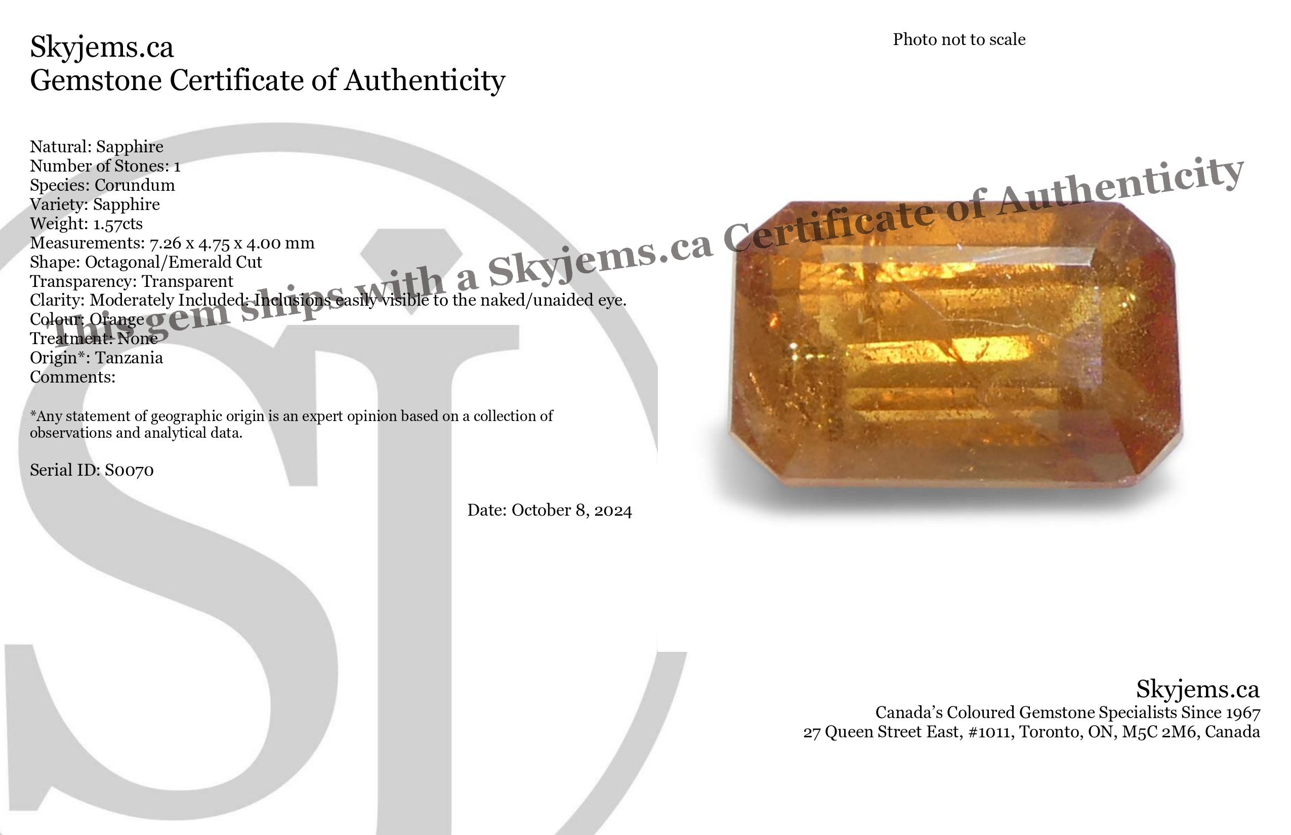 1.57ct Octagonal/Emerald Cut Orange Sapphire from Tanzania, Unheated - Skyjems Wholesale Gemstones