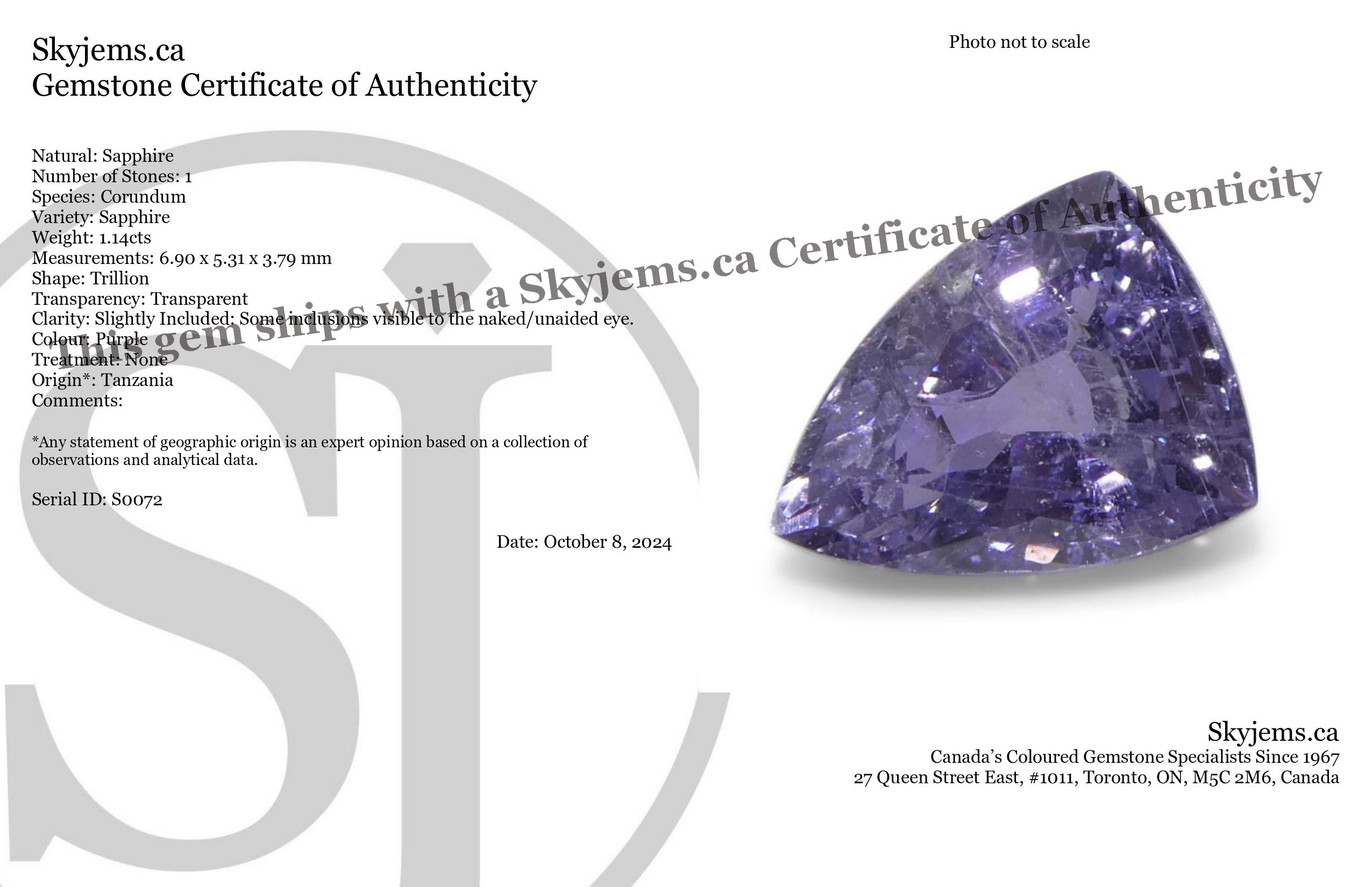 1.14ct Trillion Purple Sapphire from Tanzania, Unheated - Skyjems Wholesale Gemstones