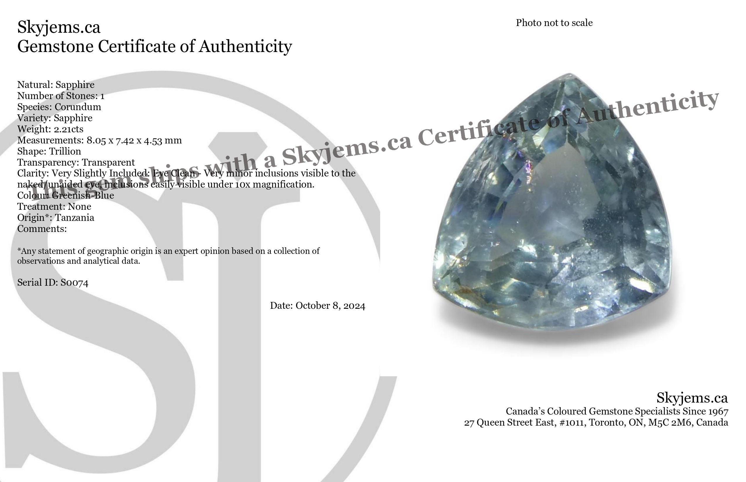 2.21ct Trillion Blue Teal Sapphire from Tanzania, Unheated - Skyjems Wholesale Gemstones