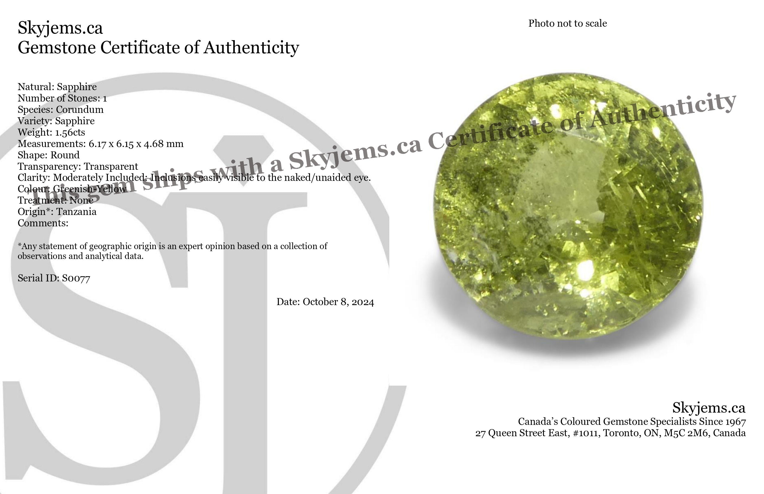 1.56ct Round Yellow Sapphire from Tanzania, Unheated - Skyjems Wholesale Gemstones