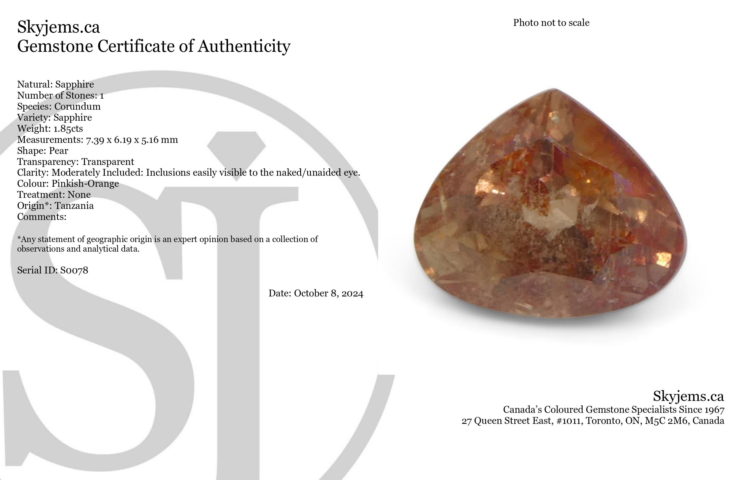 1.85ct Pear Pinkish-Orange Sapphire from Tanzania, Unheated - Skyjems Wholesale Gemstones