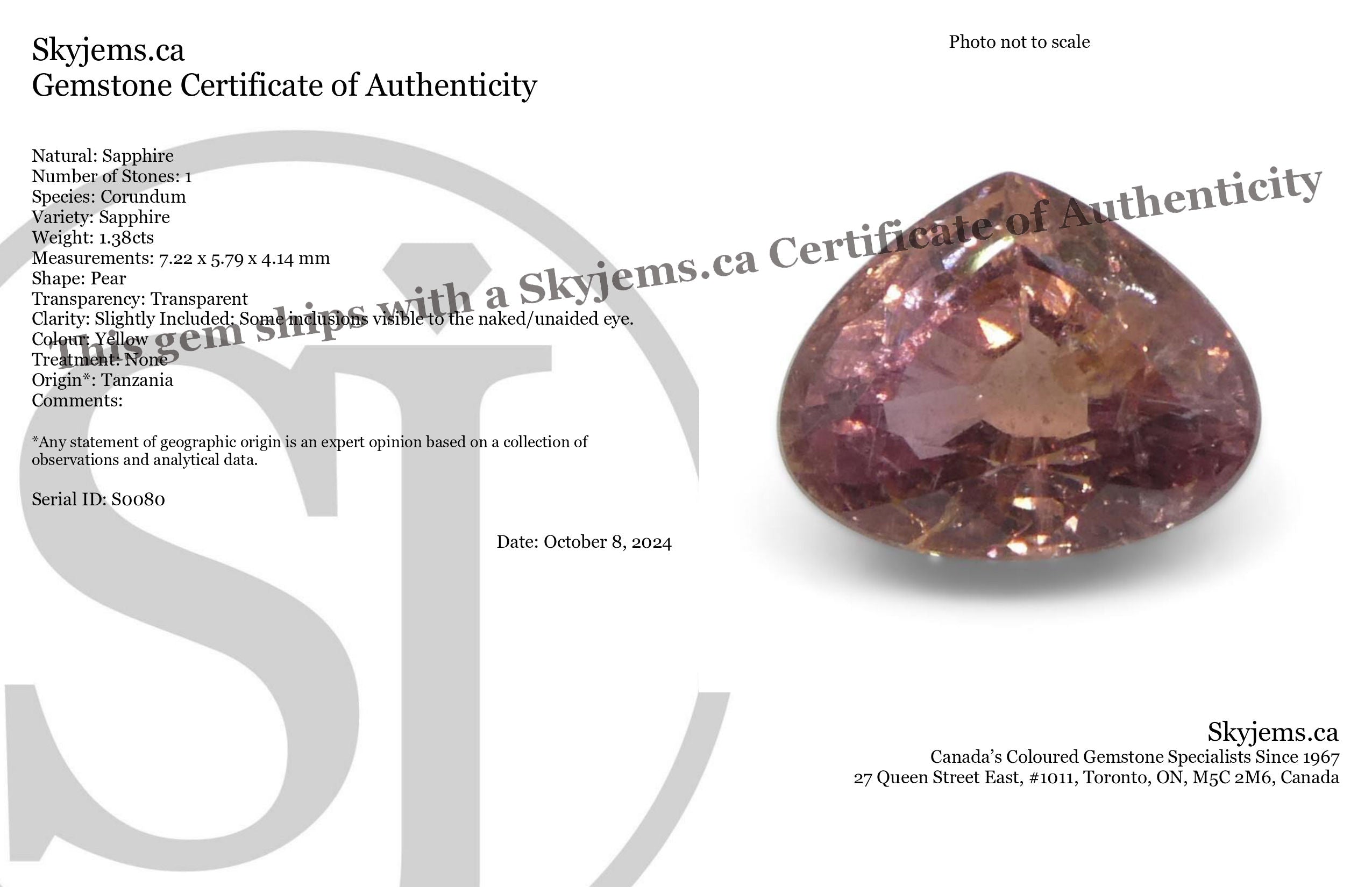 1.38ct Pear Orangy-Pink Padparadscha Sapphire from Tanzania, Unheated - Skyjems Wholesale Gemstones