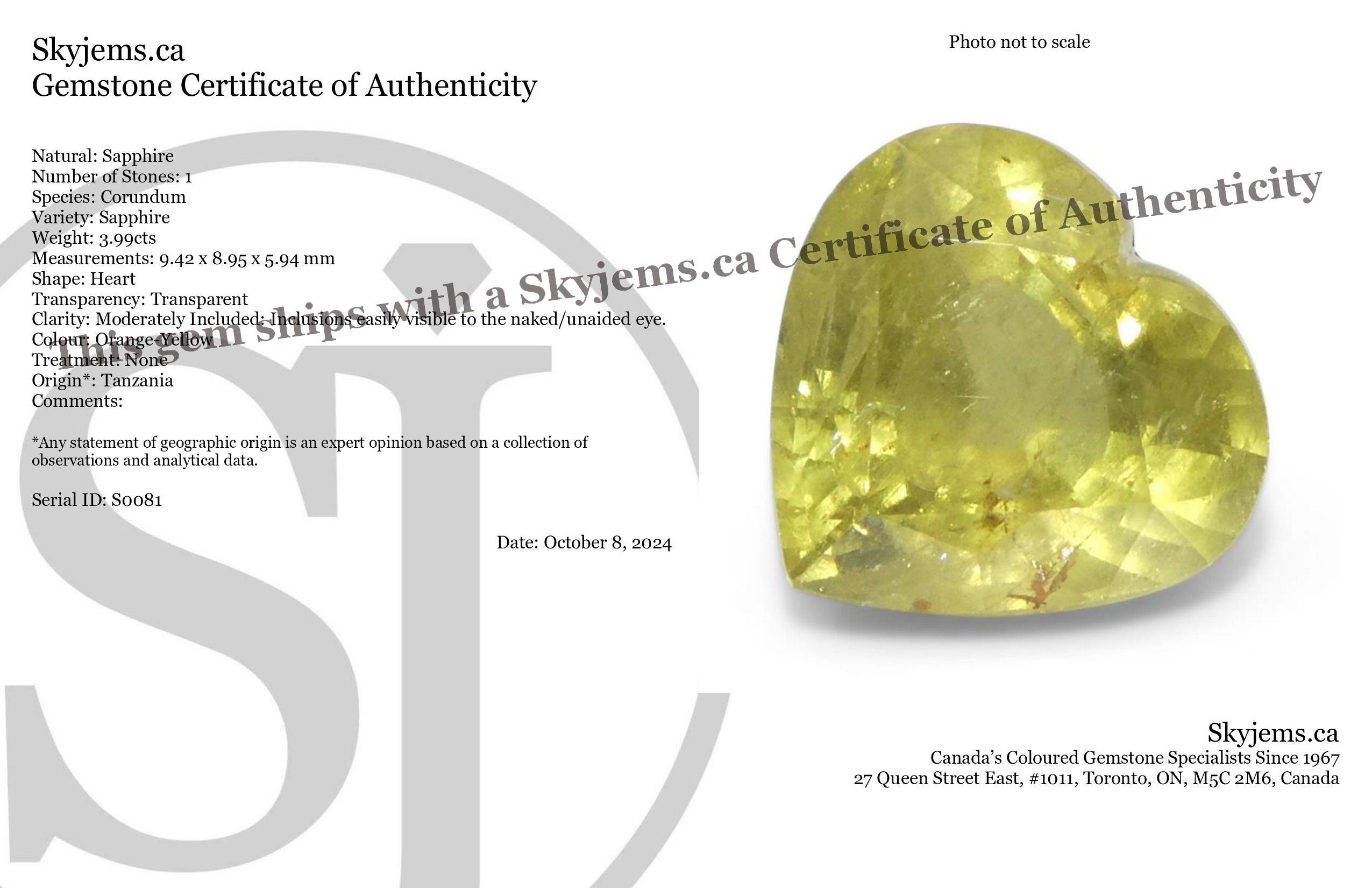 3.99ct Heart Yellow Sapphire from Tanzania, Unheated - Skyjems Wholesale Gemstones