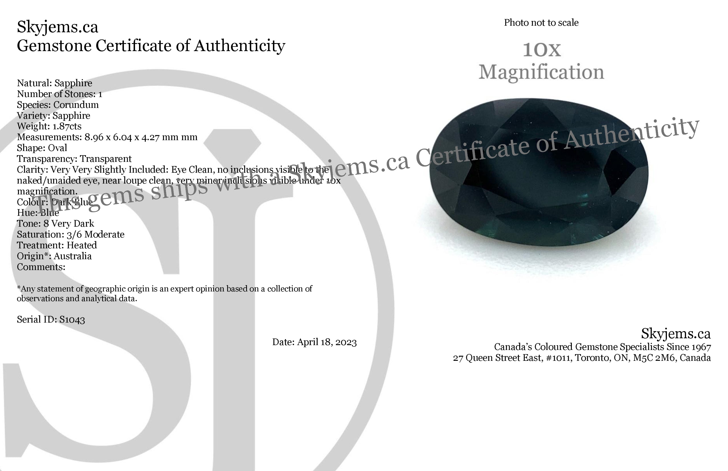 1.87ct Dark Blue Australian Sapphire Oval Cut Gemstone by SkyJems Fine Colored Stones Canada