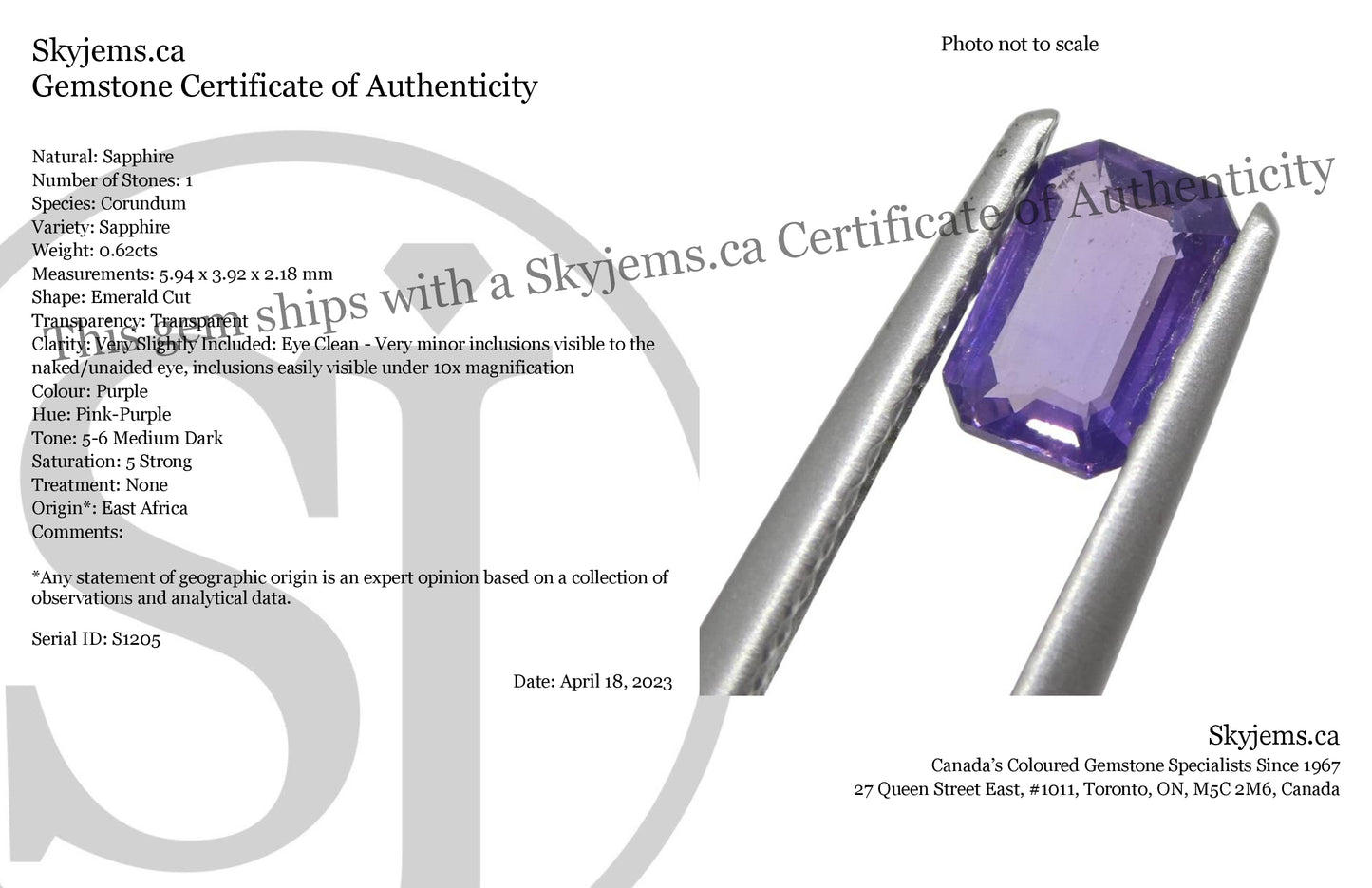 0.62ct Emerald Cut Purple Sapphire from East Africa, Unheated - Skyjems Wholesale Gemstones