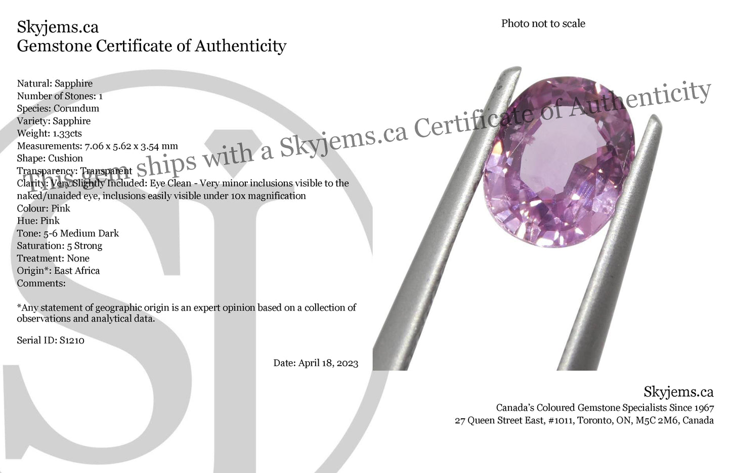 1.33ct Cushion Pink Sapphire from East Africa, Unheated - Skyjems Wholesale Gemstones