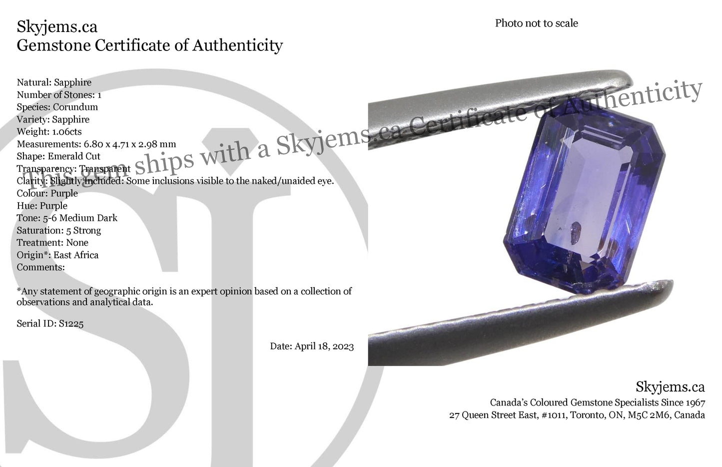 1.06ct Emerald Cut Purple Sapphire from East Africa, Unheated - Skyjems Wholesale Gemstones