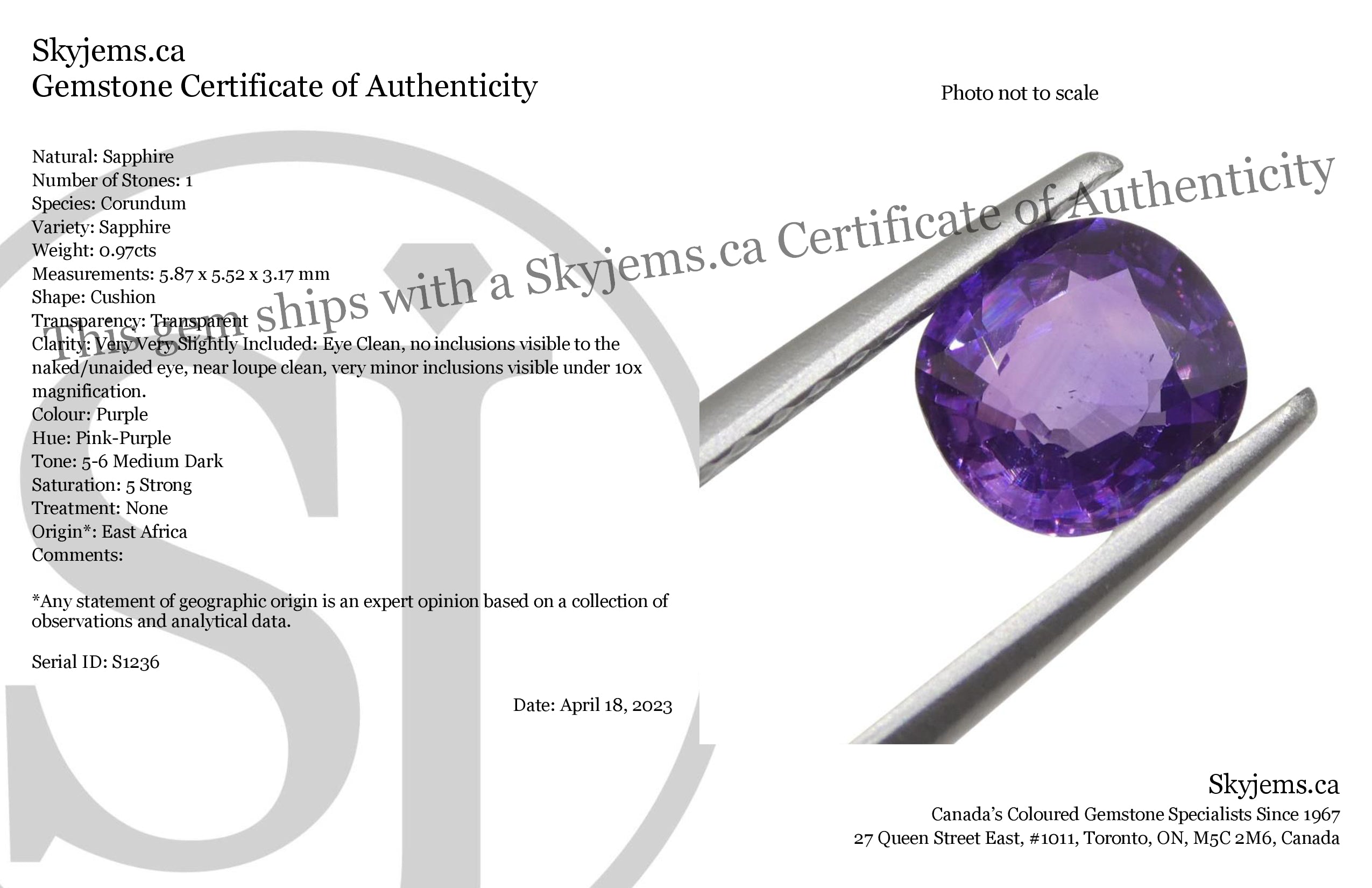 0.97ct Cushion Purple Sapphire from East Africa, Unheated - Skyjems Wholesale Gemstones