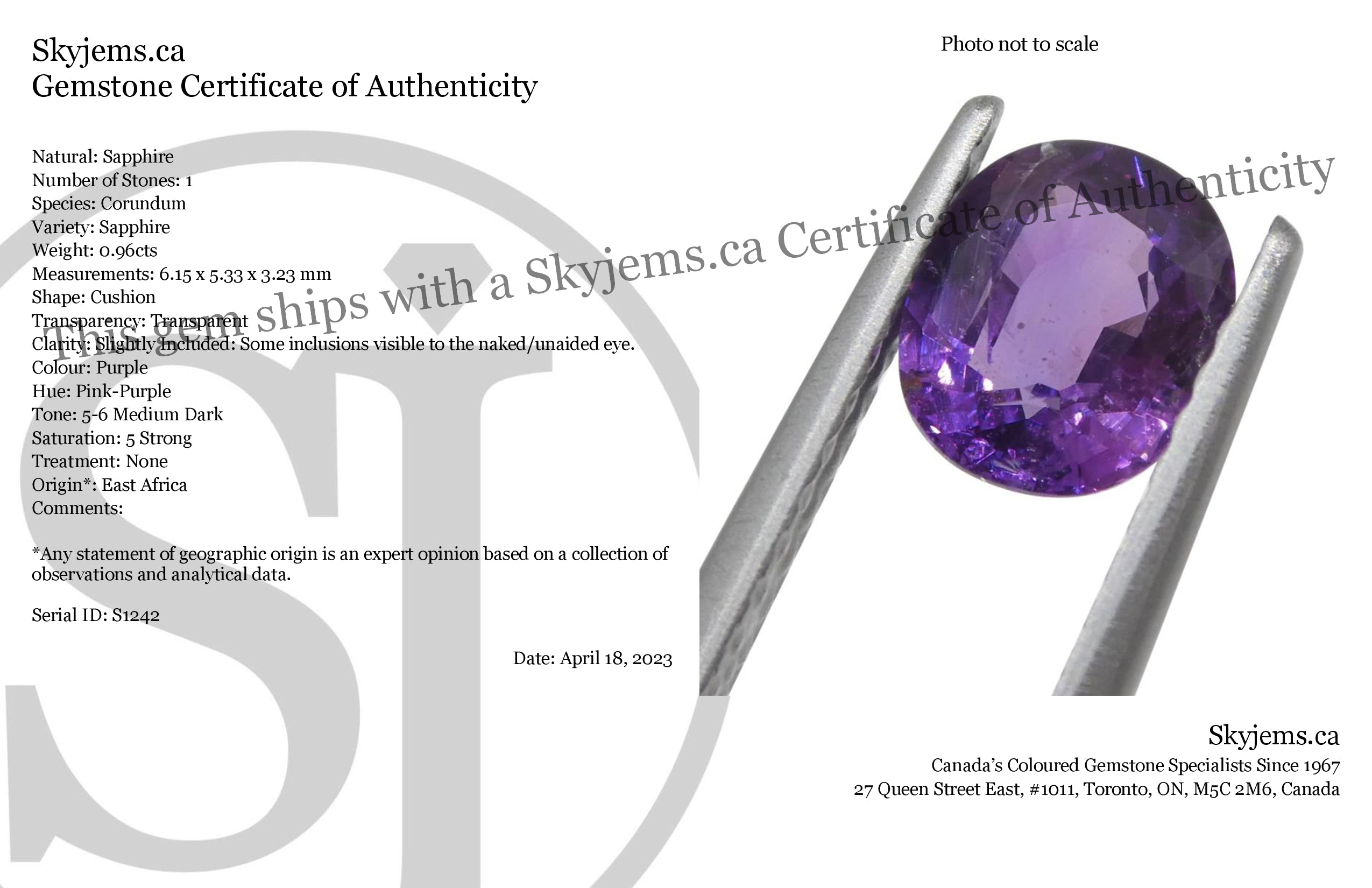 0.96ct Cushion Purple Sapphire from East Africa, Unheated - Skyjems Wholesale Gemstones