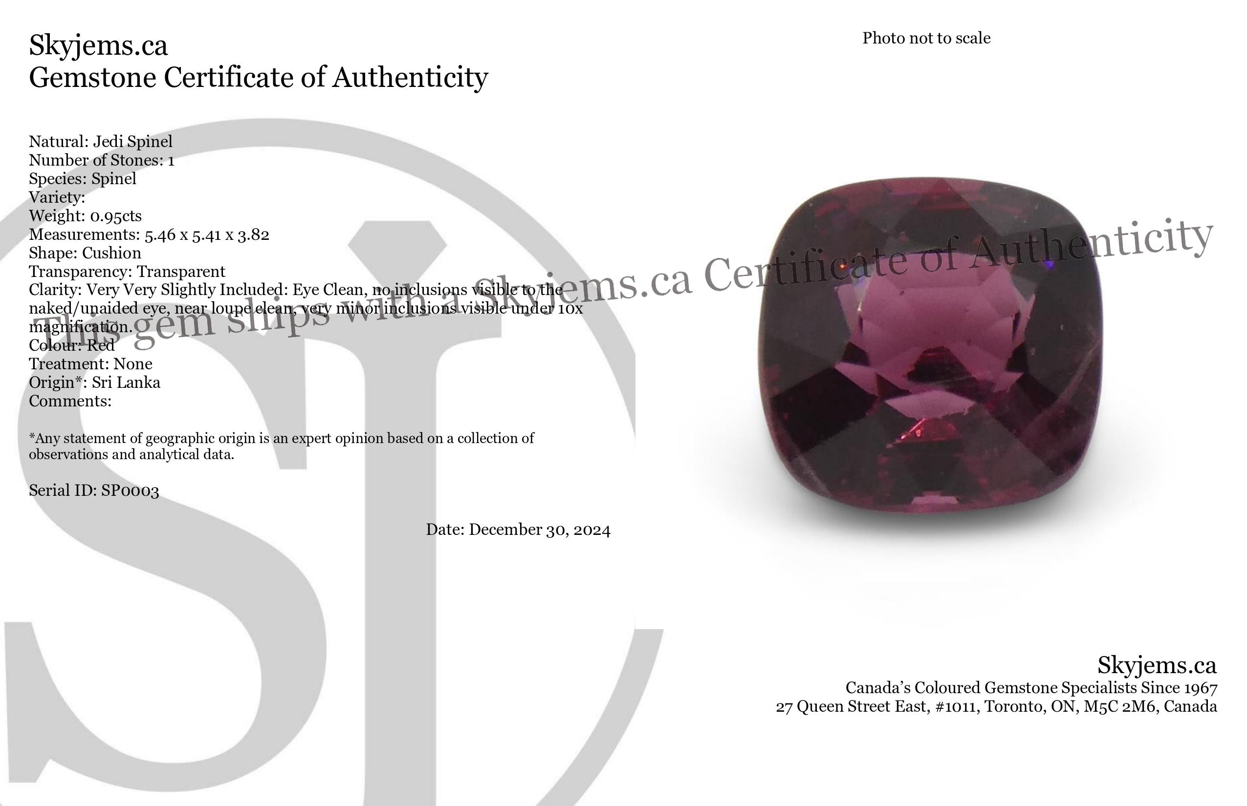 0.95ct Cushion Red Jedi Spinel from Sri Lanka, vibrant pinkish-red gem by SkyJems, premium Canadian coloured gemstone special