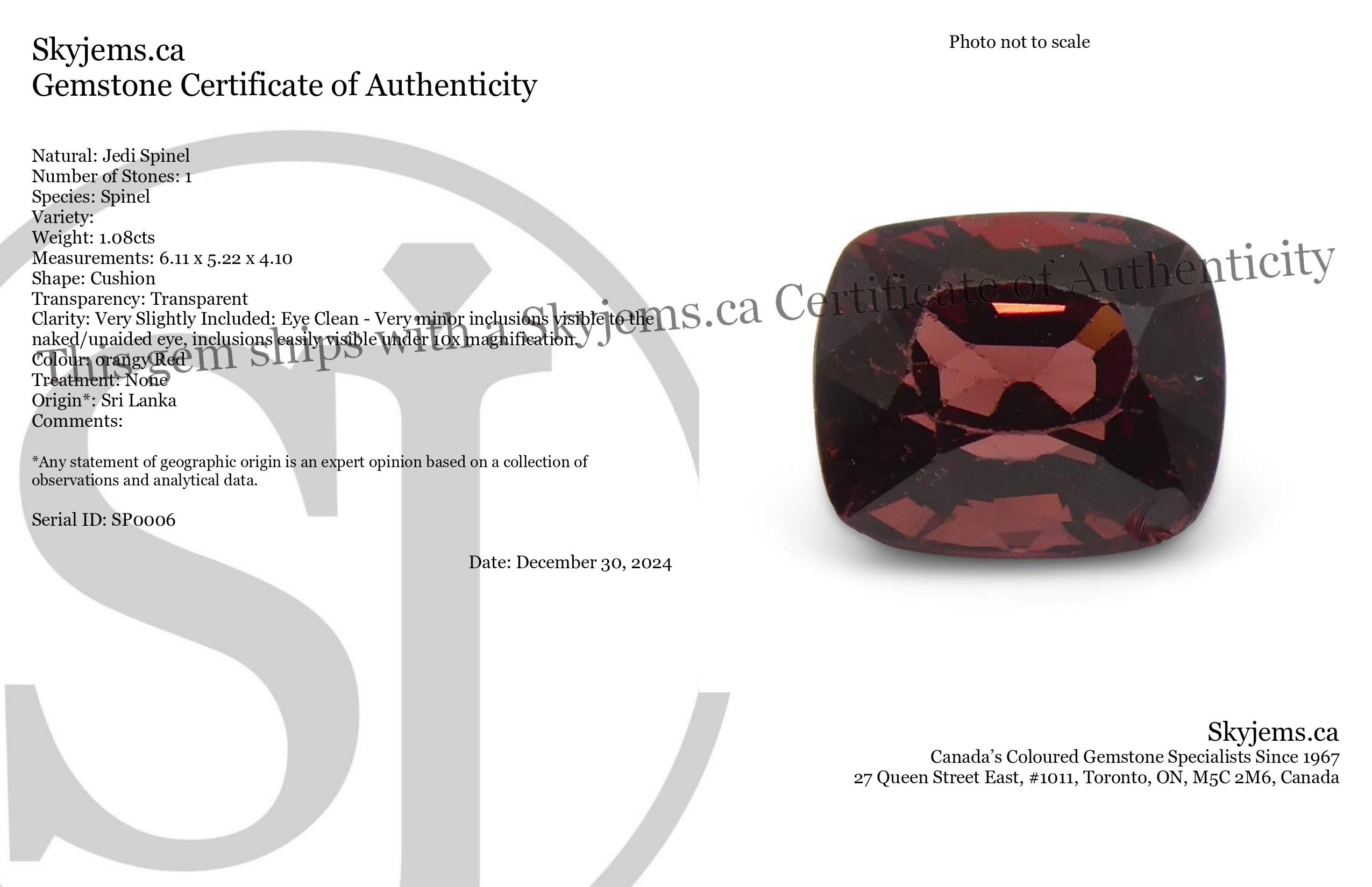 1.08ct Cushion Red Jedi Spinel from Sri Lanka, vibrant orangy-red gemstone by SkyJems, premium unheated Ceylon gem