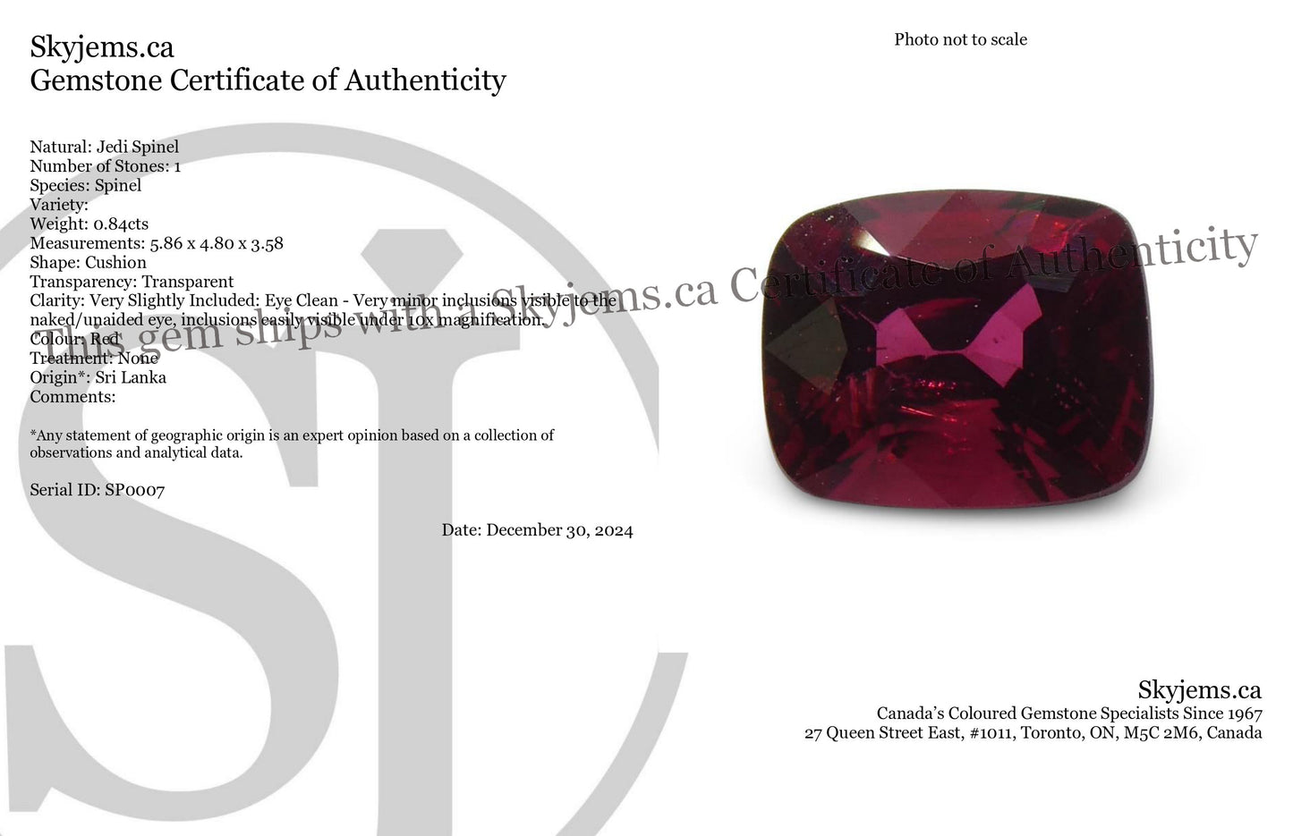 0.84ct Cushion Red Jedi Spinel from Sri Lanka - Skyjems Wholesale Gemstones