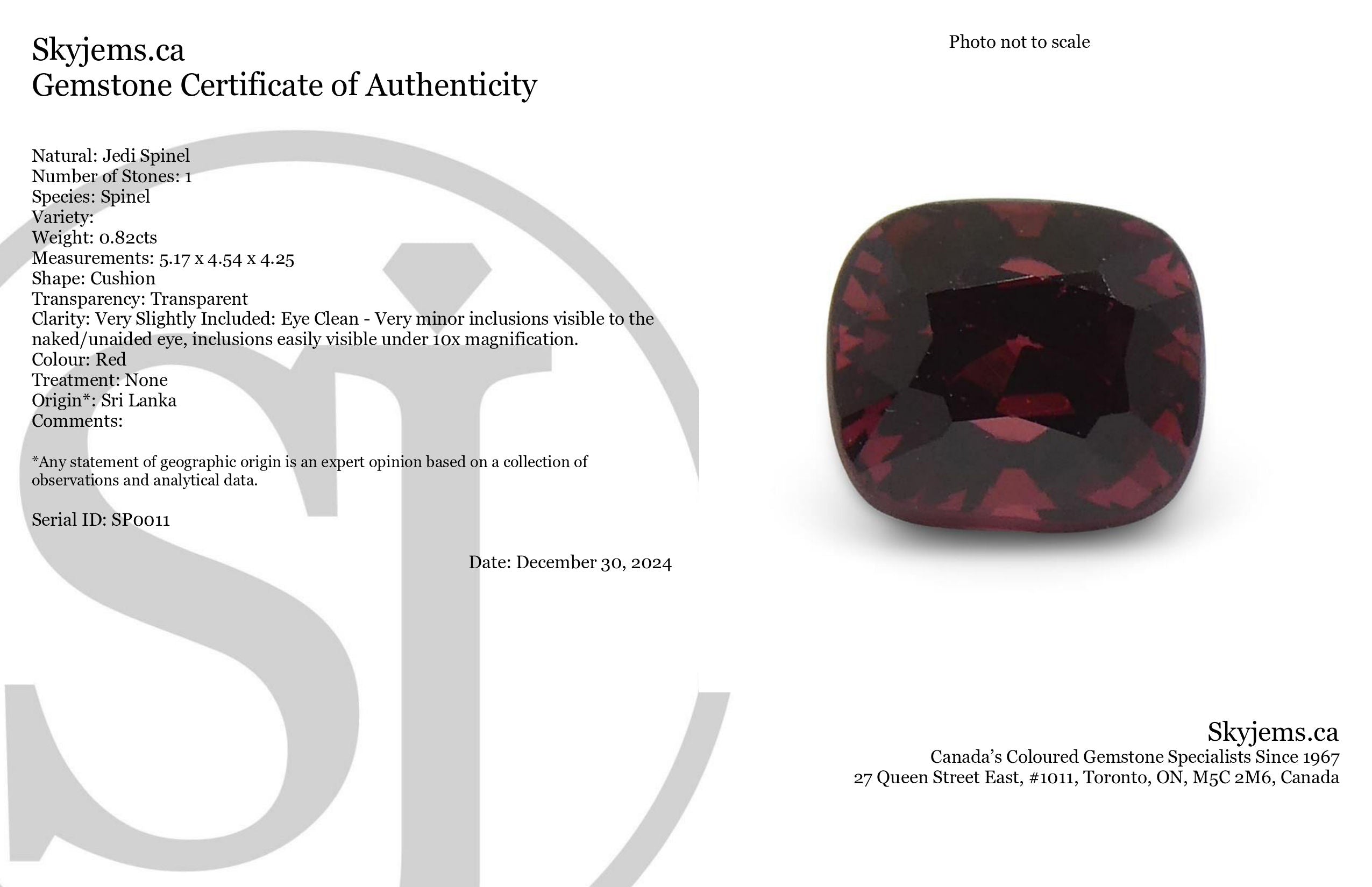 0.82ct Cushion Red Jedi Spinel from Sri Lanka, premium gem by SkyJems, rare collector-quality natural unheated stone