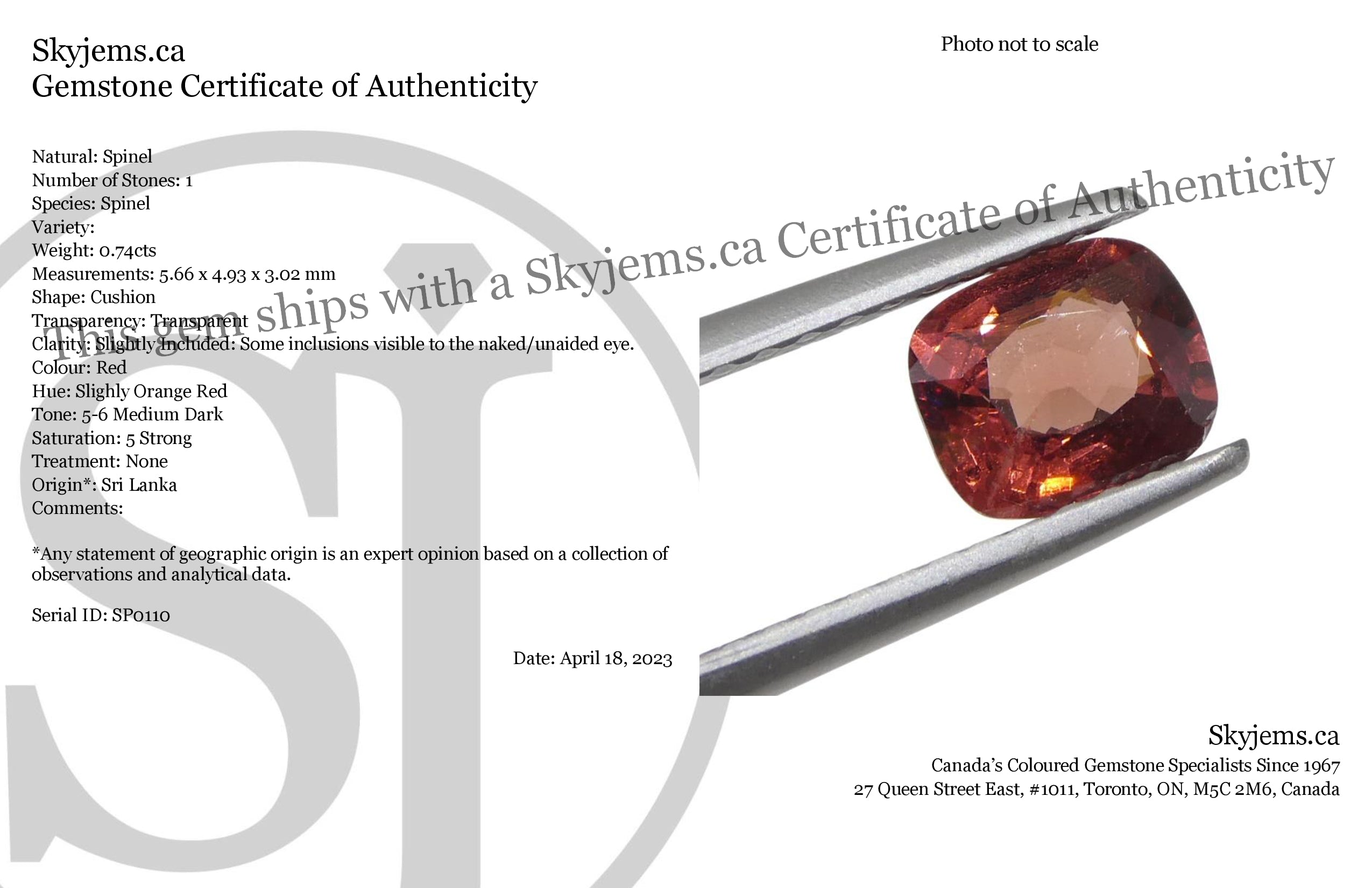 0.74ct Cushion Red Spinel from Sri Lanka, vibrant orange-red gem by SkyJems, Canadian colored gemstone experts since 1967