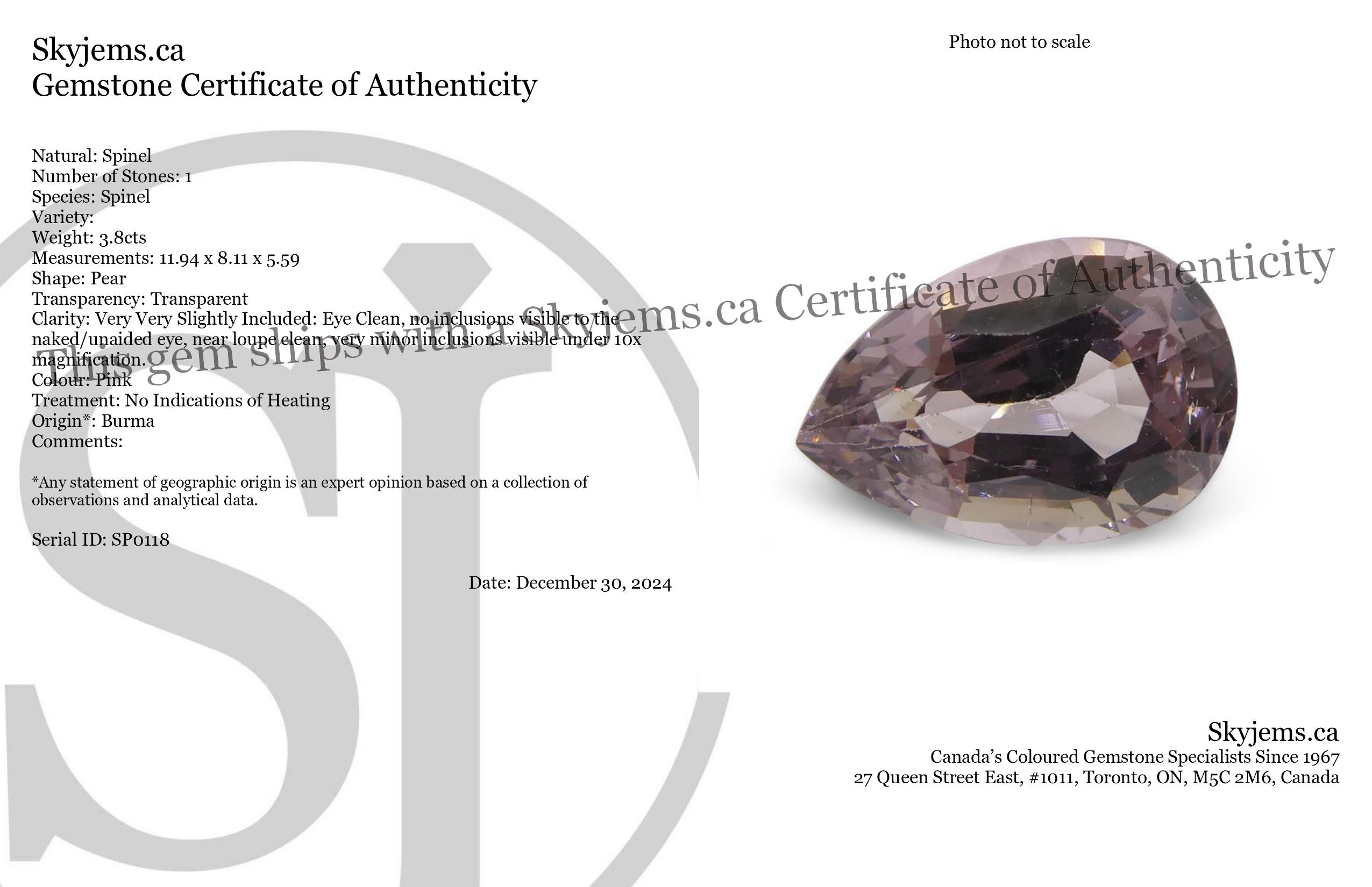 3.8ct Burmese Pink Spinel Pear Gemstone | Unheated Natural Pink Spinel from Myanmar by SkyJems