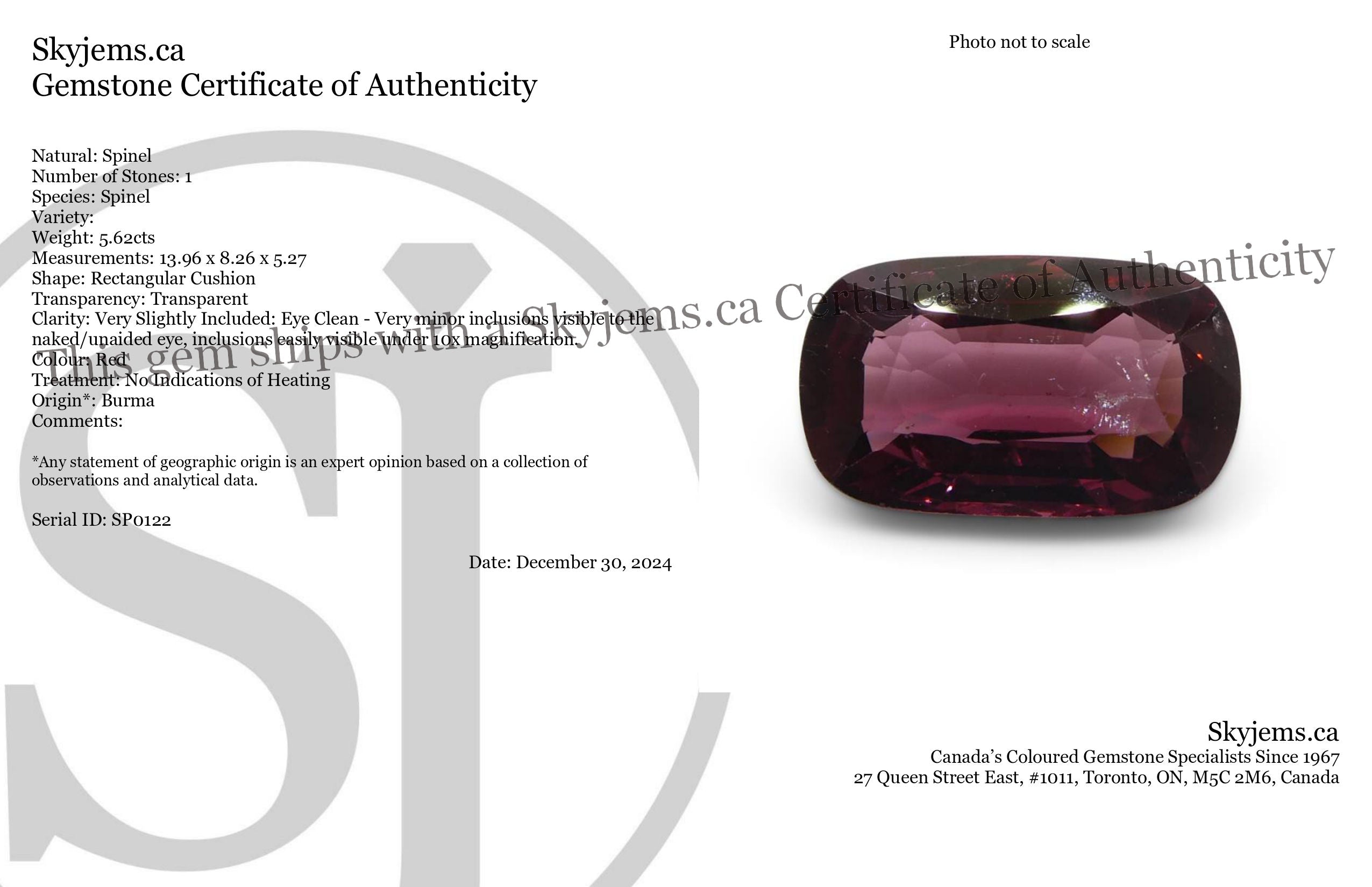 5.62ct Burmese Red Spinel, Rectangular Cushion Cut | Premium Gemstone by SkyJems Canadian Gem Experts