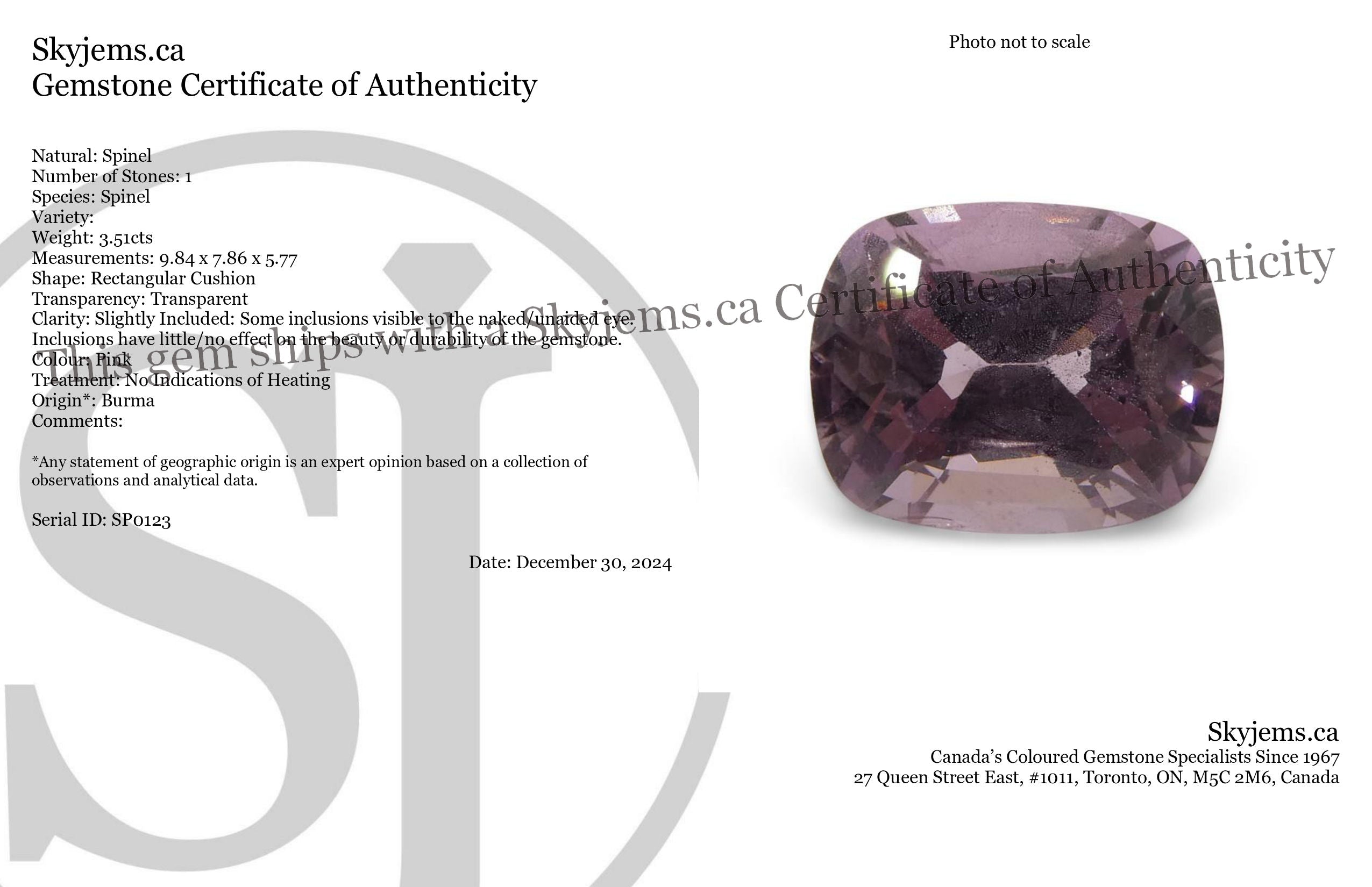 SkyJems 3.51ct Rectangular Cushion Pink Spinel from Burma, rare unheated gemstone in soft purplish-pink hue
