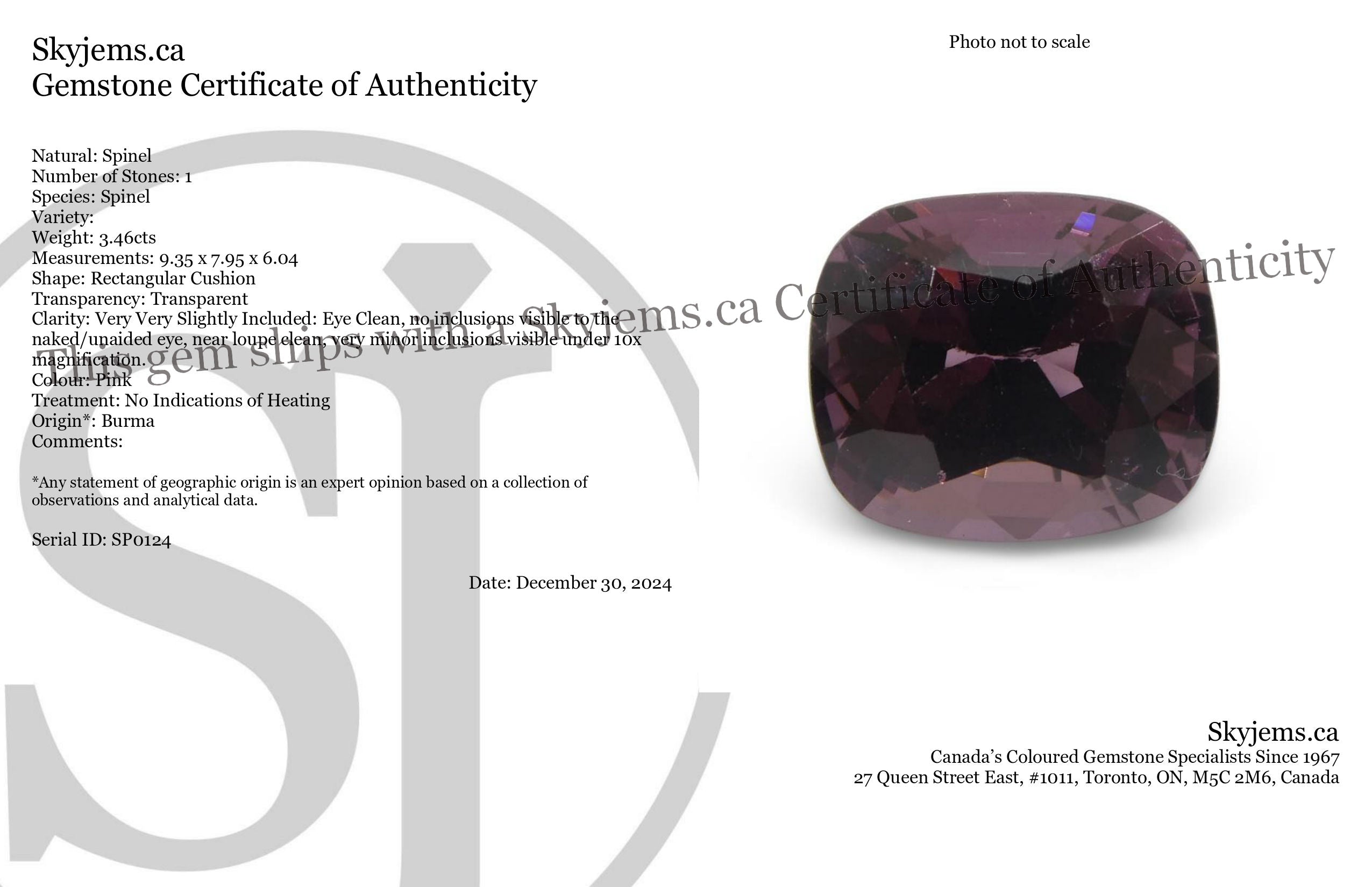 3.46ct Burmese Pink Spinel Rectangular Cushion, Unheated Gem from SkyJems' Premium Gemstone Collection