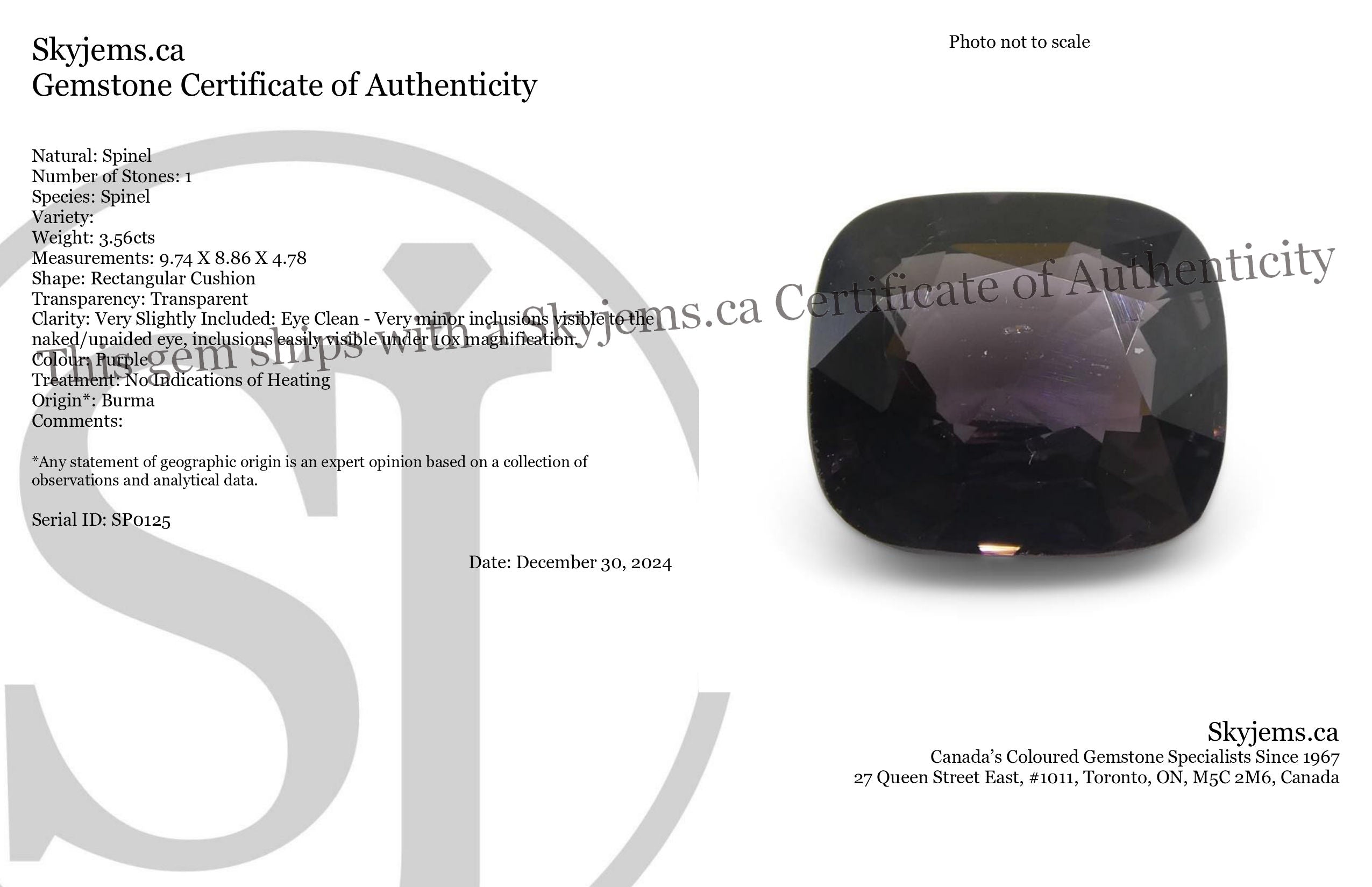 3.56ct Rectangular Cushion Purple Spinel from Burma - Skyjems Wholesale Gemstones