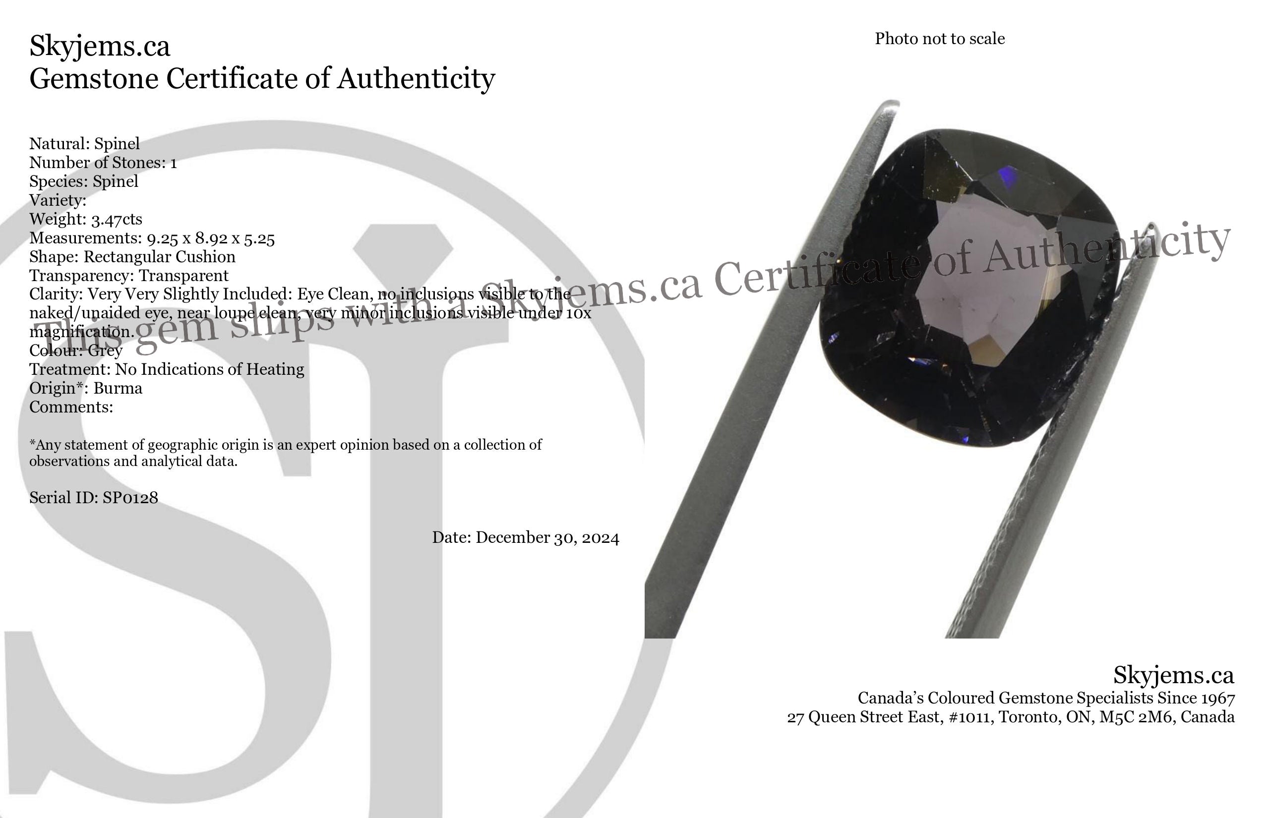 3.47ct Burmese Grey Spinel in Rectangular Cushion Cut, Bluish-Purplish Hue | Premium Gemstone by SkyJems