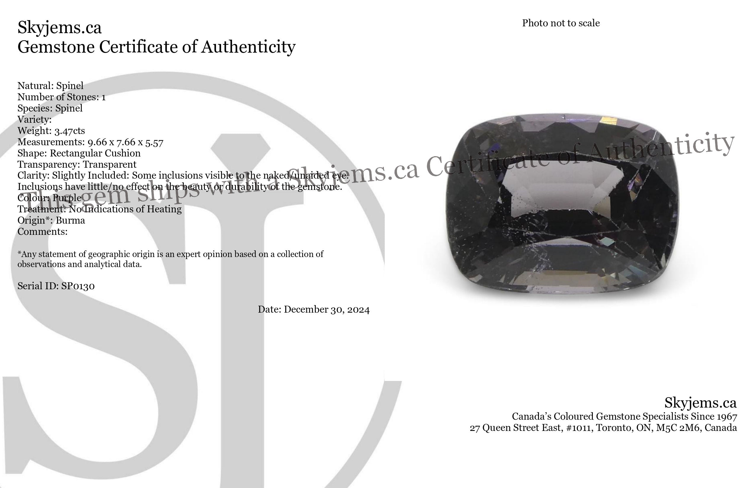 3.47ct Rectangular Cushion Purple Spinel from Burma - Skyjems Wholesale Gemstones