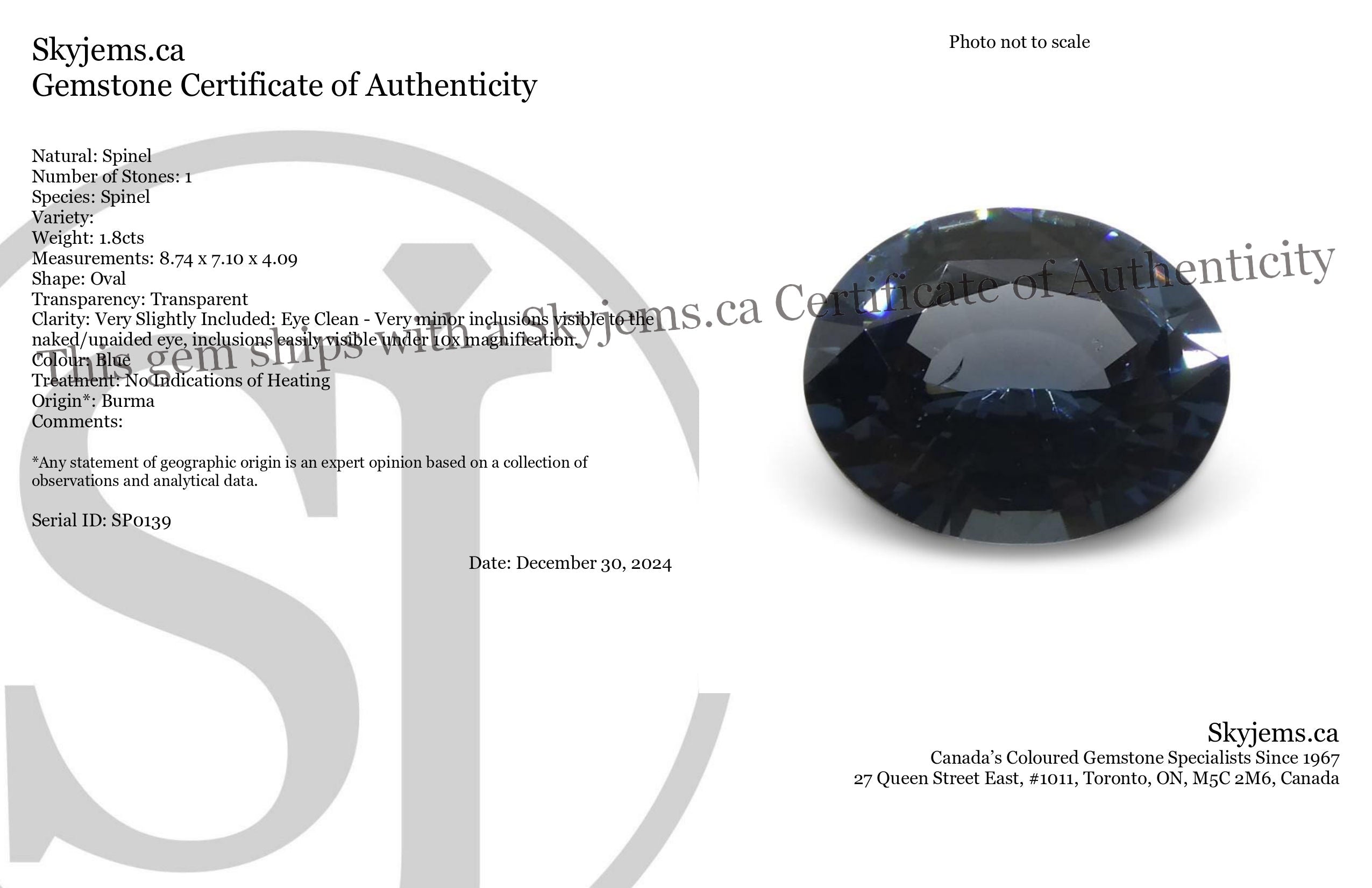 1.8ct Oval Blue Spinel from Burma, premium unheated gemstone by SkyJems, rare Myanmar gem with exceptional color and clarity
