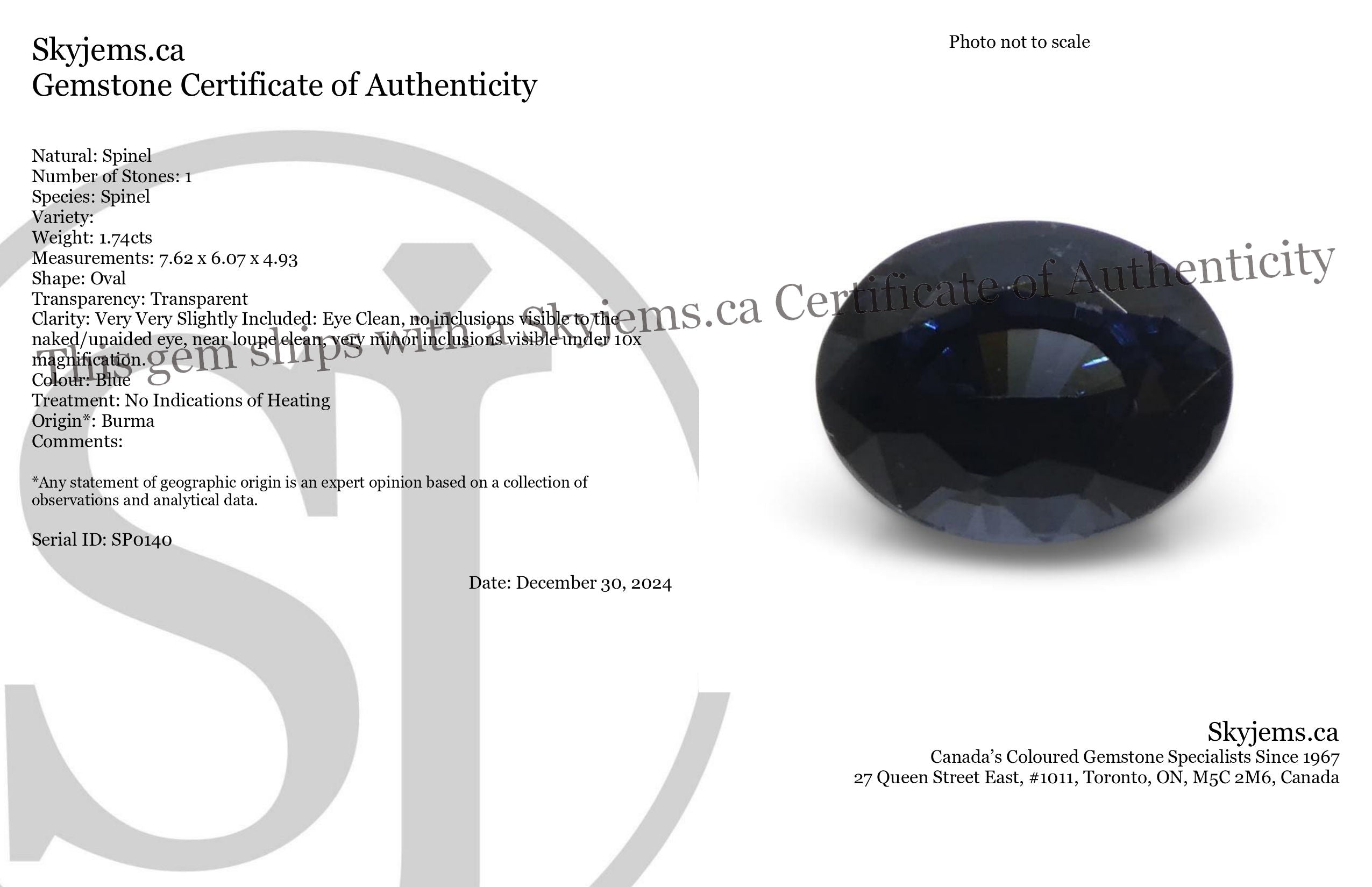 1.74ct Oval Blue Spinel from Burma, premium Myanmar gemstone by SkyJems, rare medium-dark blue step-cut single stone