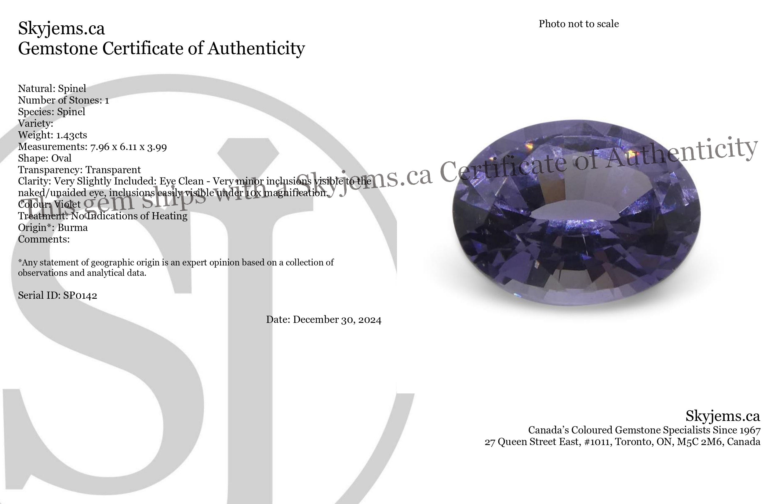 1.43ct Violet Spinel from Burma - Rare Oval Gemstone by SkyJems, Unheated Natural Purple Gem from Myanmar