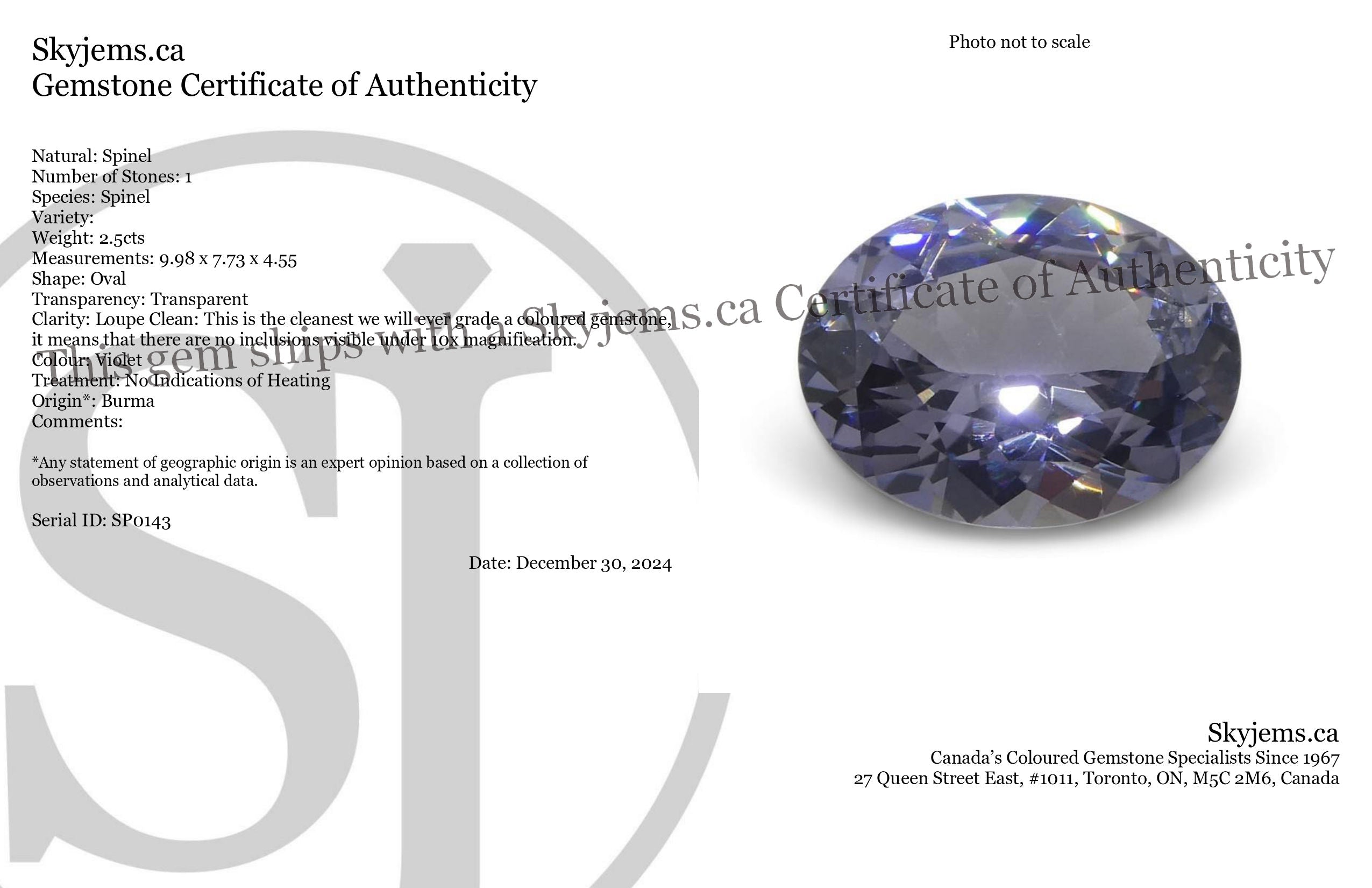 2.5 carat Burmese violet spinel, oval-cut gemstone from SkyJems' rare single-stone collection, premium quality unheated gem