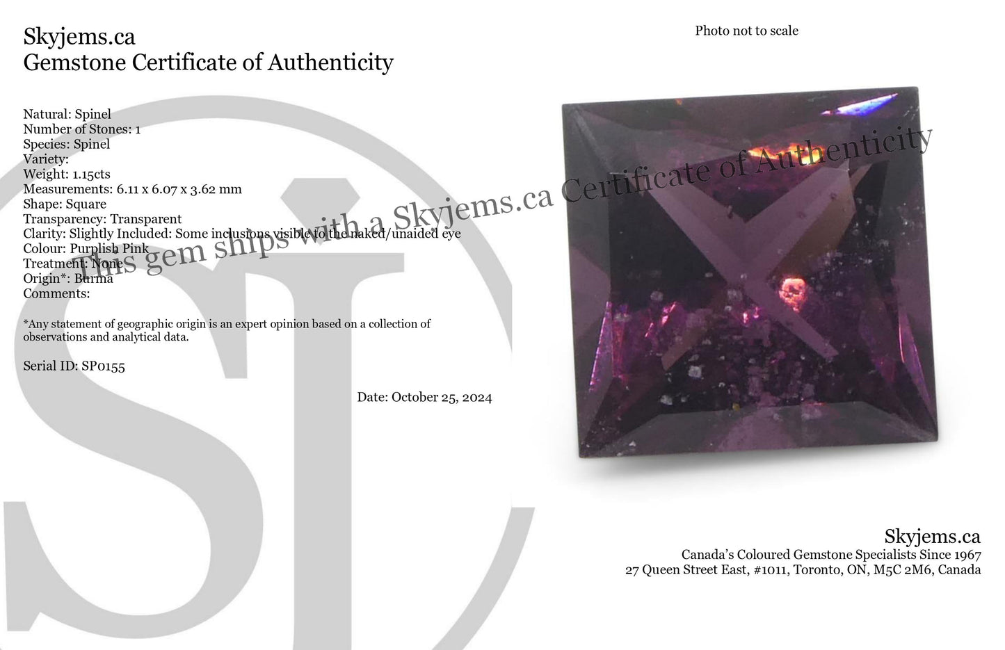 1.15ct Square Pink Spinel from Burma Unheated - Skyjems Wholesale Gemstones