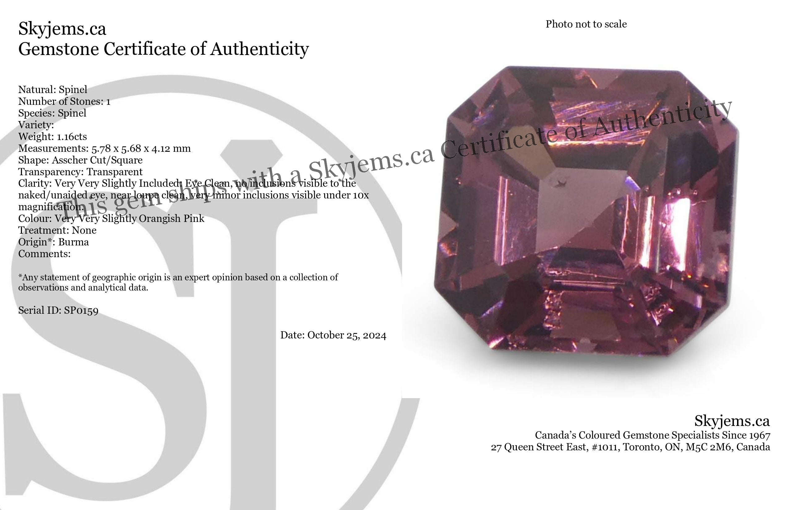 1.16ct Asscher Cut/Square Pink Spinel from Burma Unheated - Skyjems Wholesale Gemstones