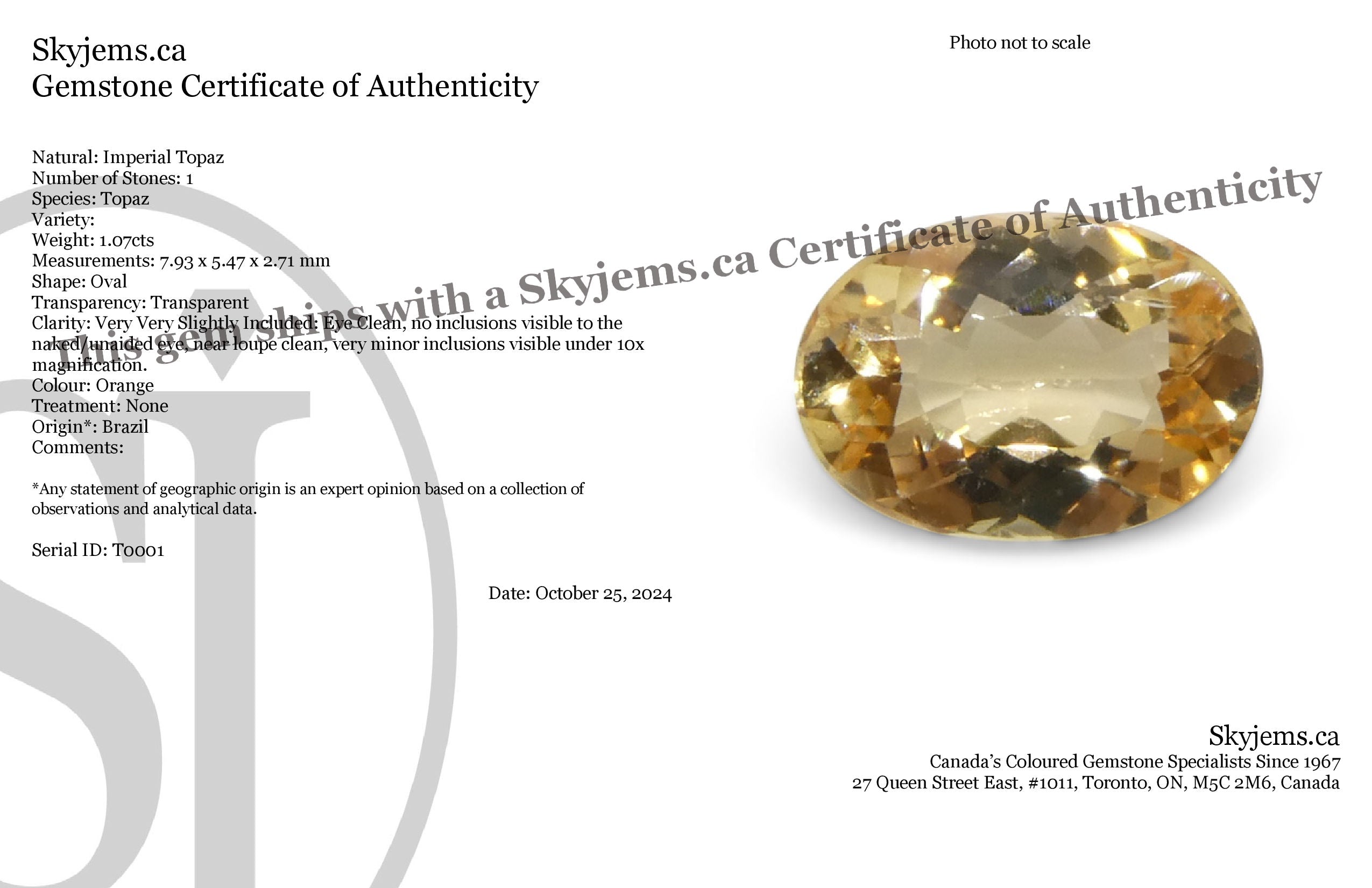 1.07ct Oval Orange Imperial Topaz from Brazil Unheated - Skyjems Wholesale Gemstones