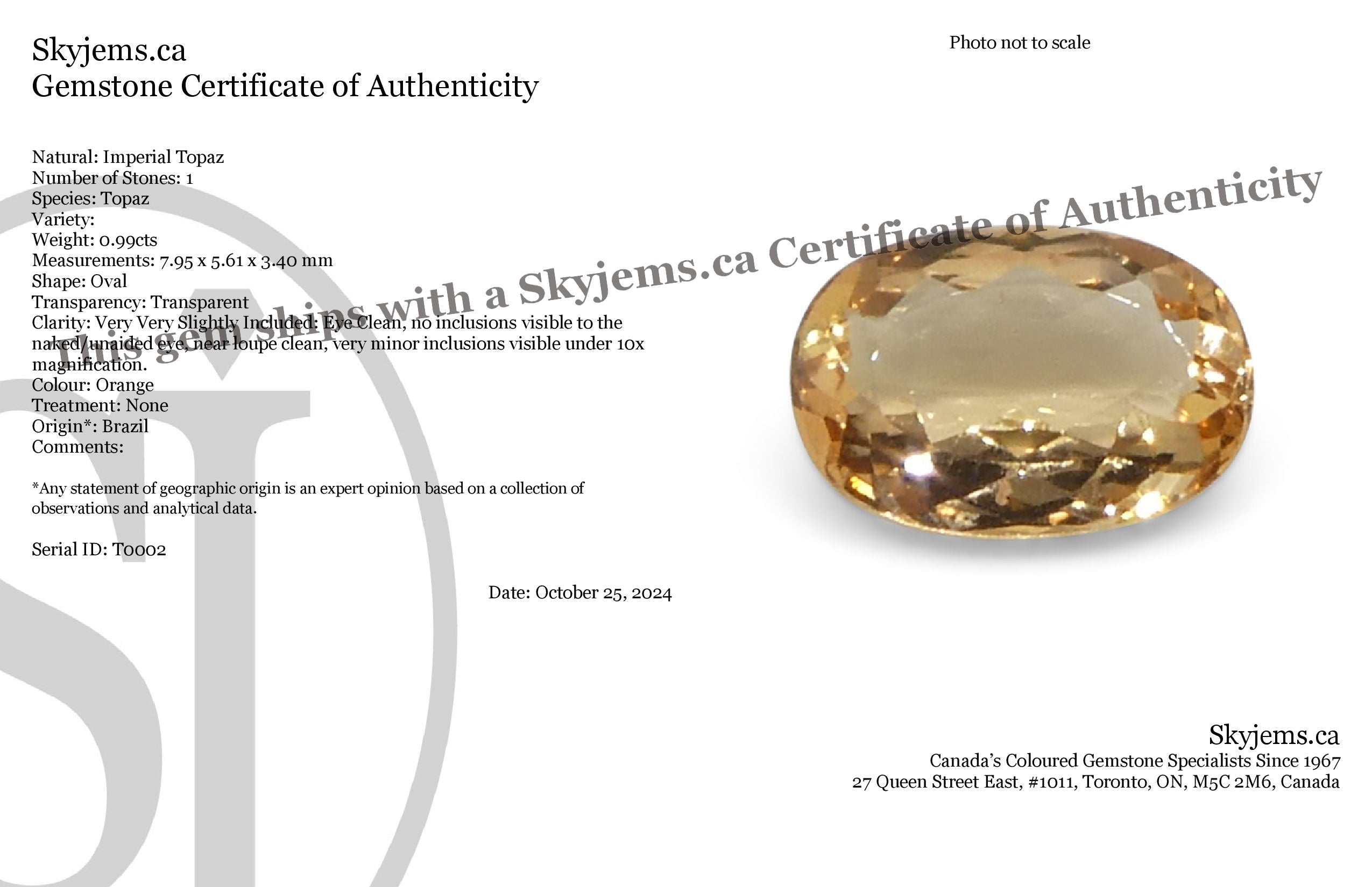 0.99ct Oval Orange Imperial Topaz from Brazil Unheated - Skyjems Wholesale Gemstones