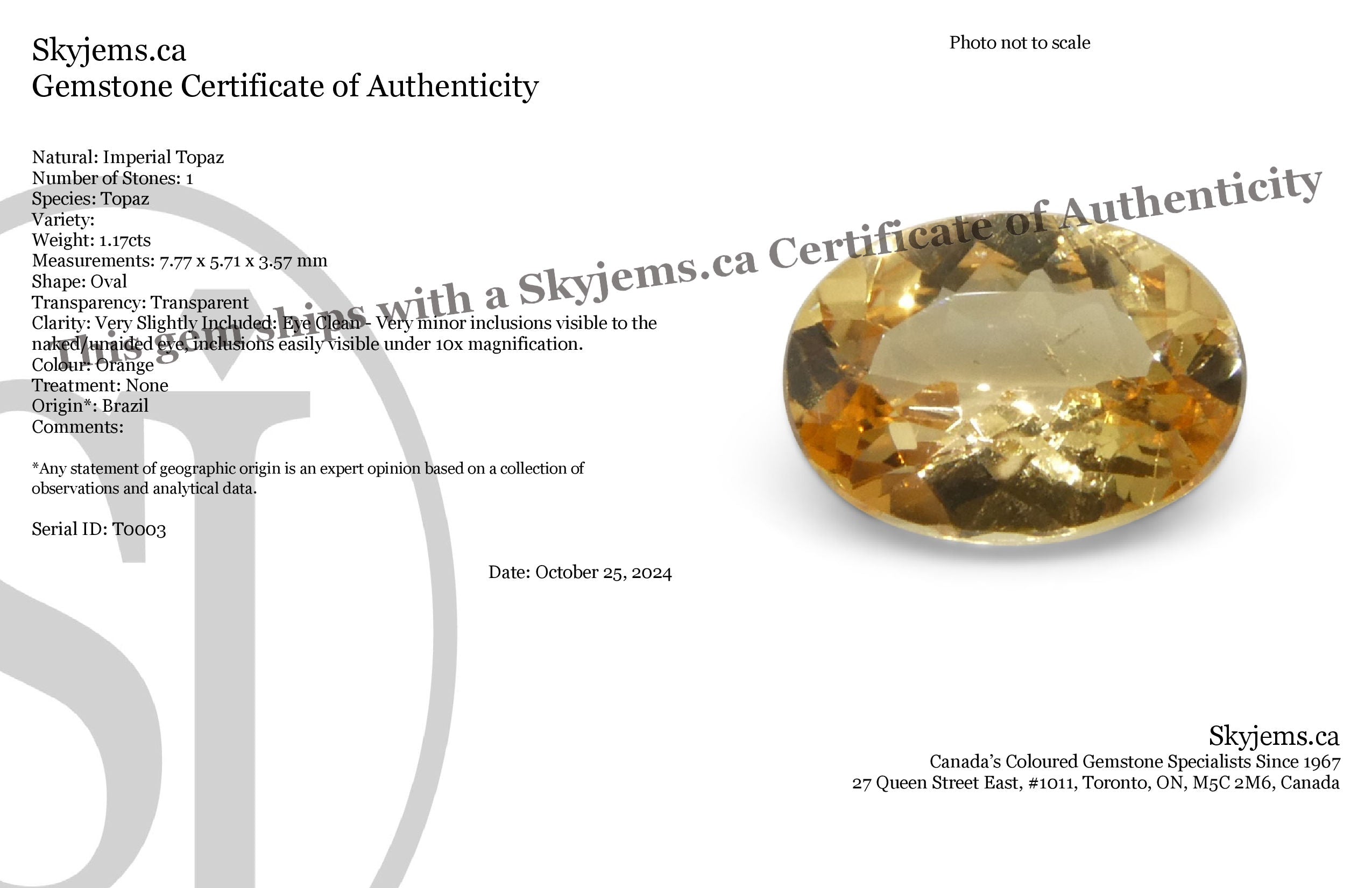 1.17ct Oval Orange Imperial Topaz from Brazil Unheated - Skyjems Wholesale Gemstones