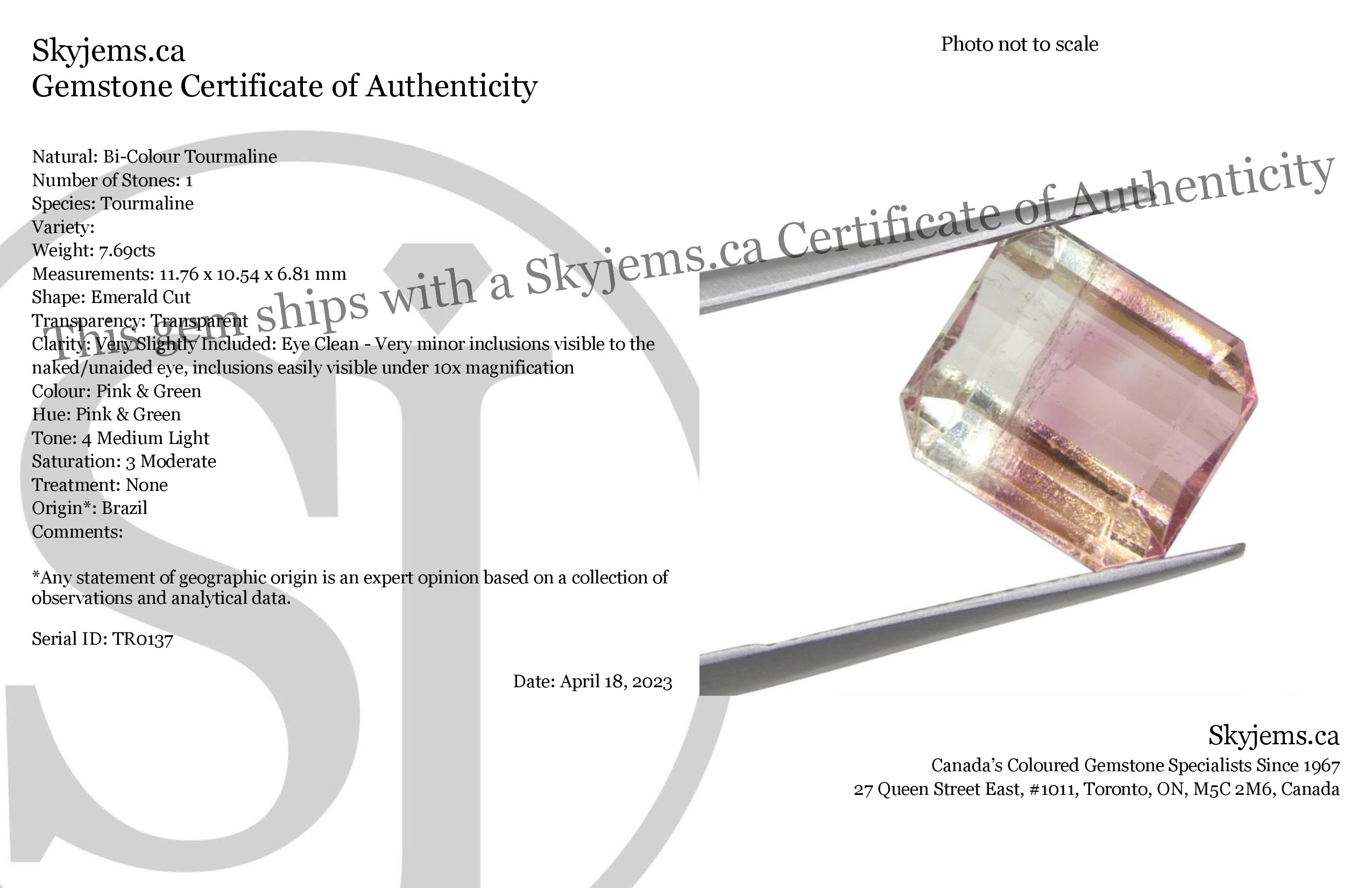 7.69ct Emerald Cut Pink & Green Bi-Colour Tourmaline from Brazil - Skyjems Wholesale Gemstones