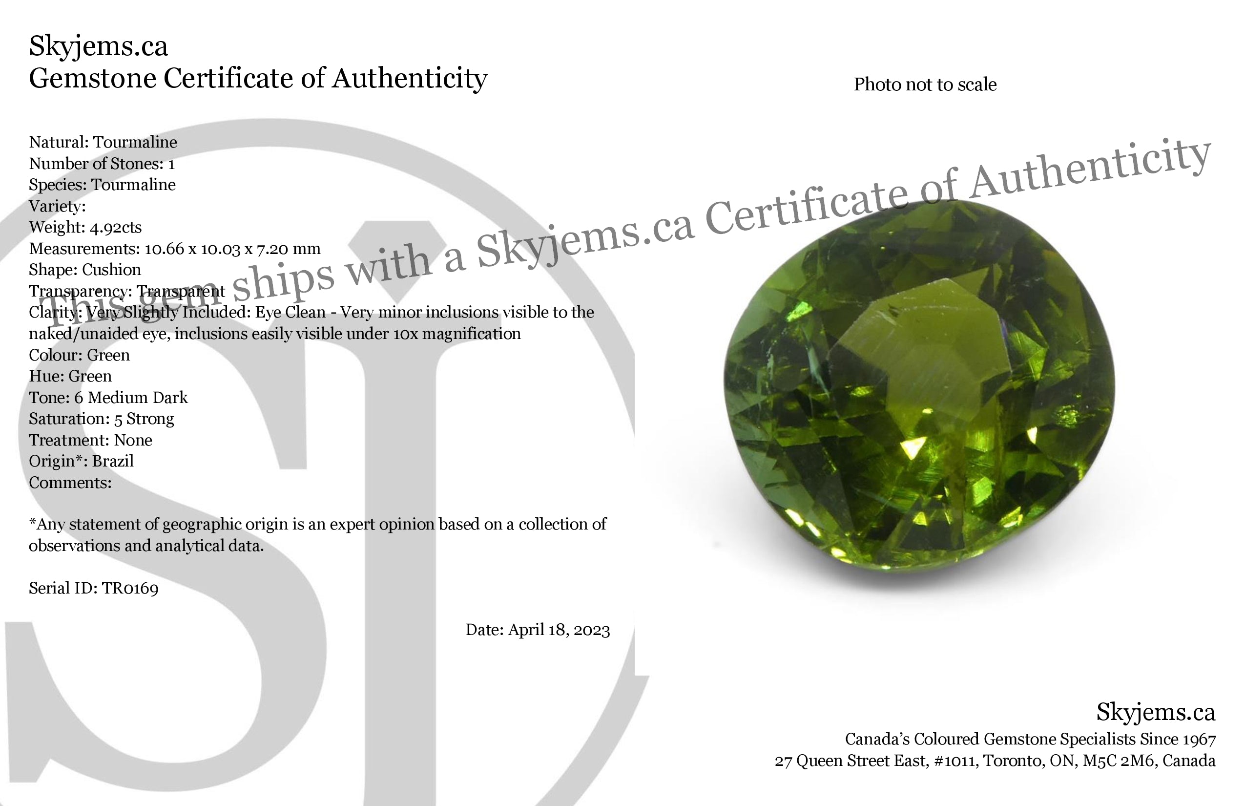 4.92ct Brazilian Green Cushion Tourmaline, brilliant-cut gemstone from SkyJems' premium colored stone collection