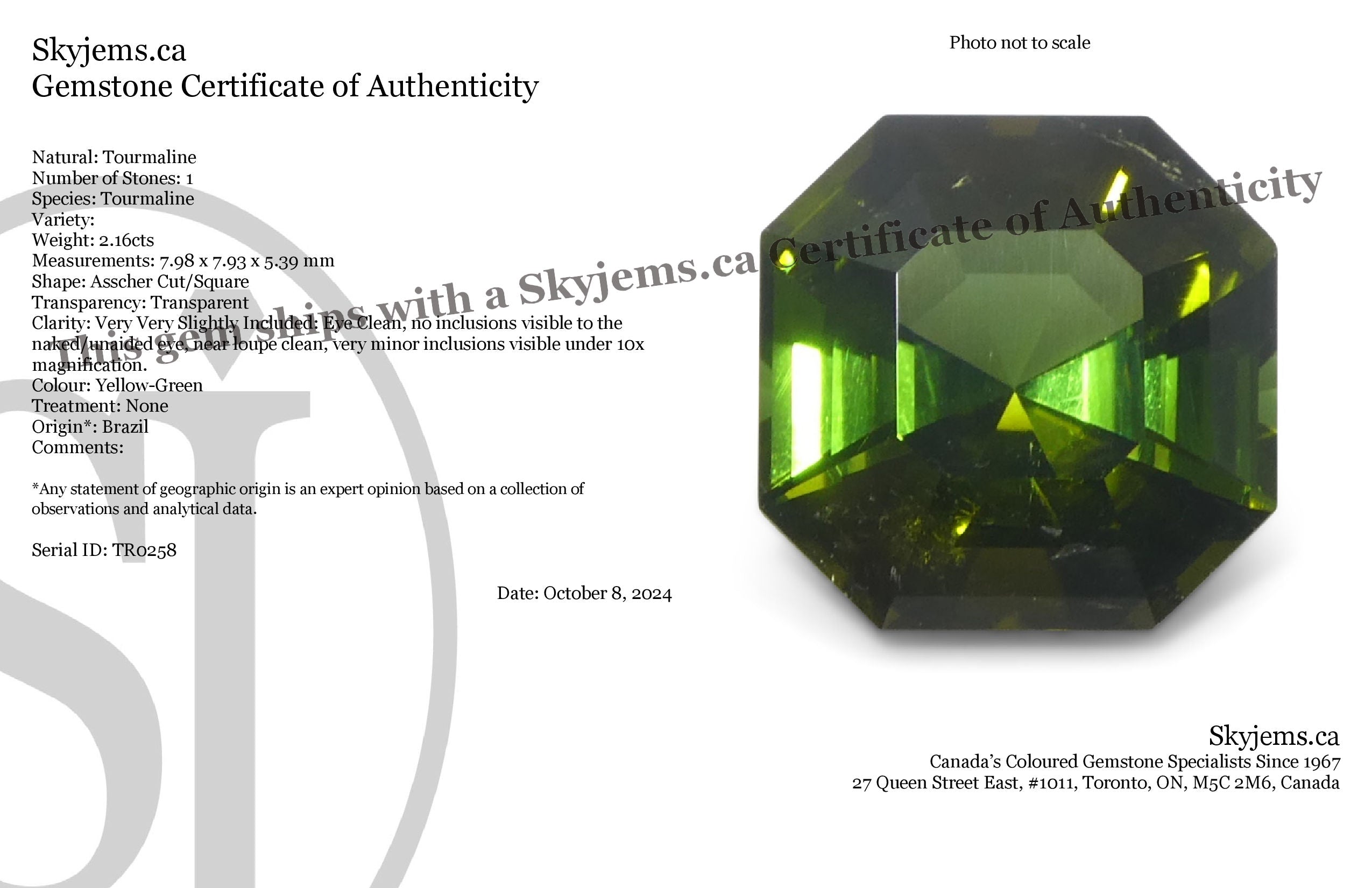 2.16ct Asscher Cut/Square Yellow-Green Tourmaline - Skyjems Wholesale Gemstones