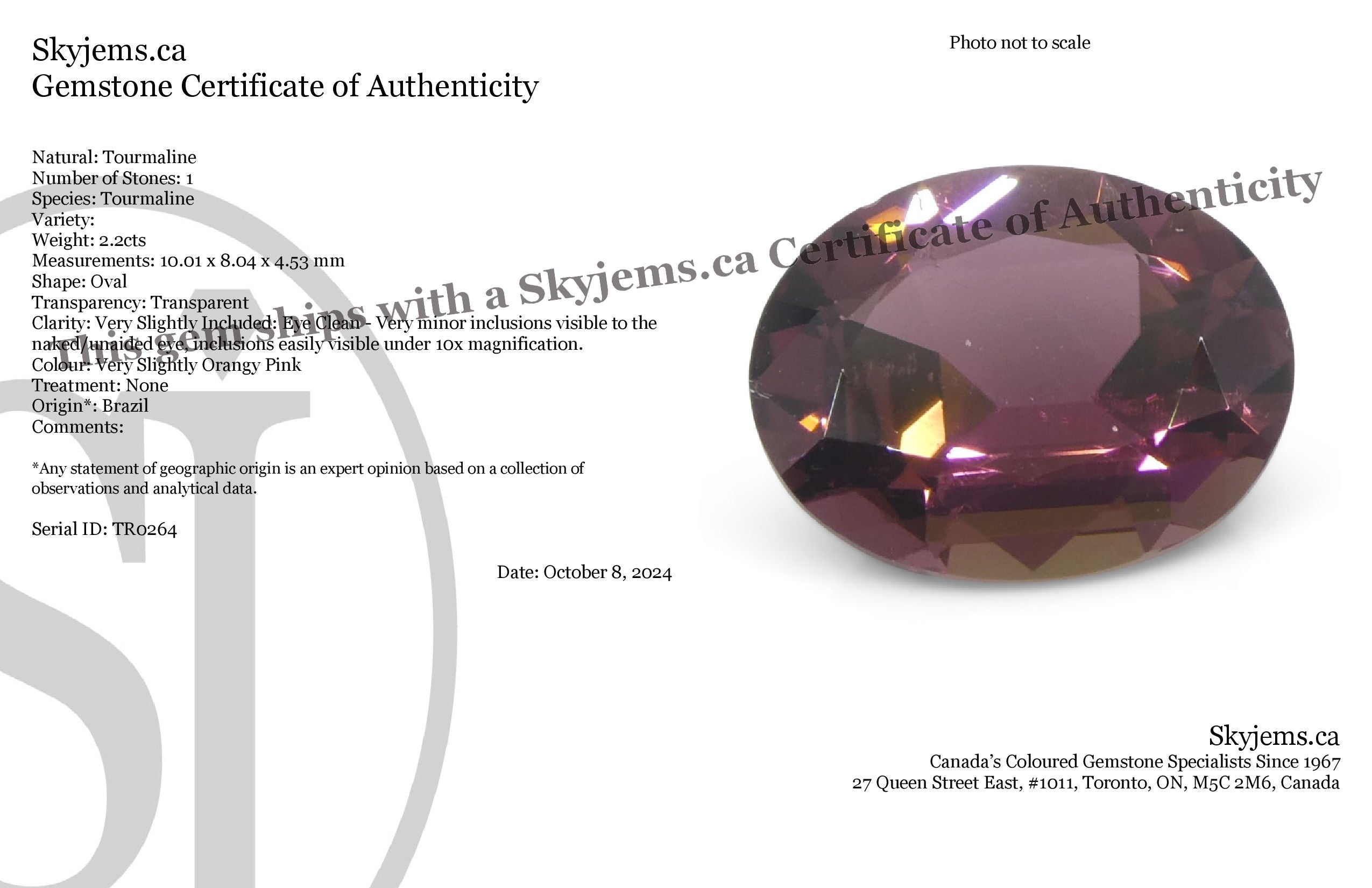 2.2ct Oval Pink Tourmaline from Brazil, precision-cut single stone by SkyJems, Canadian gemstone experts since 1967