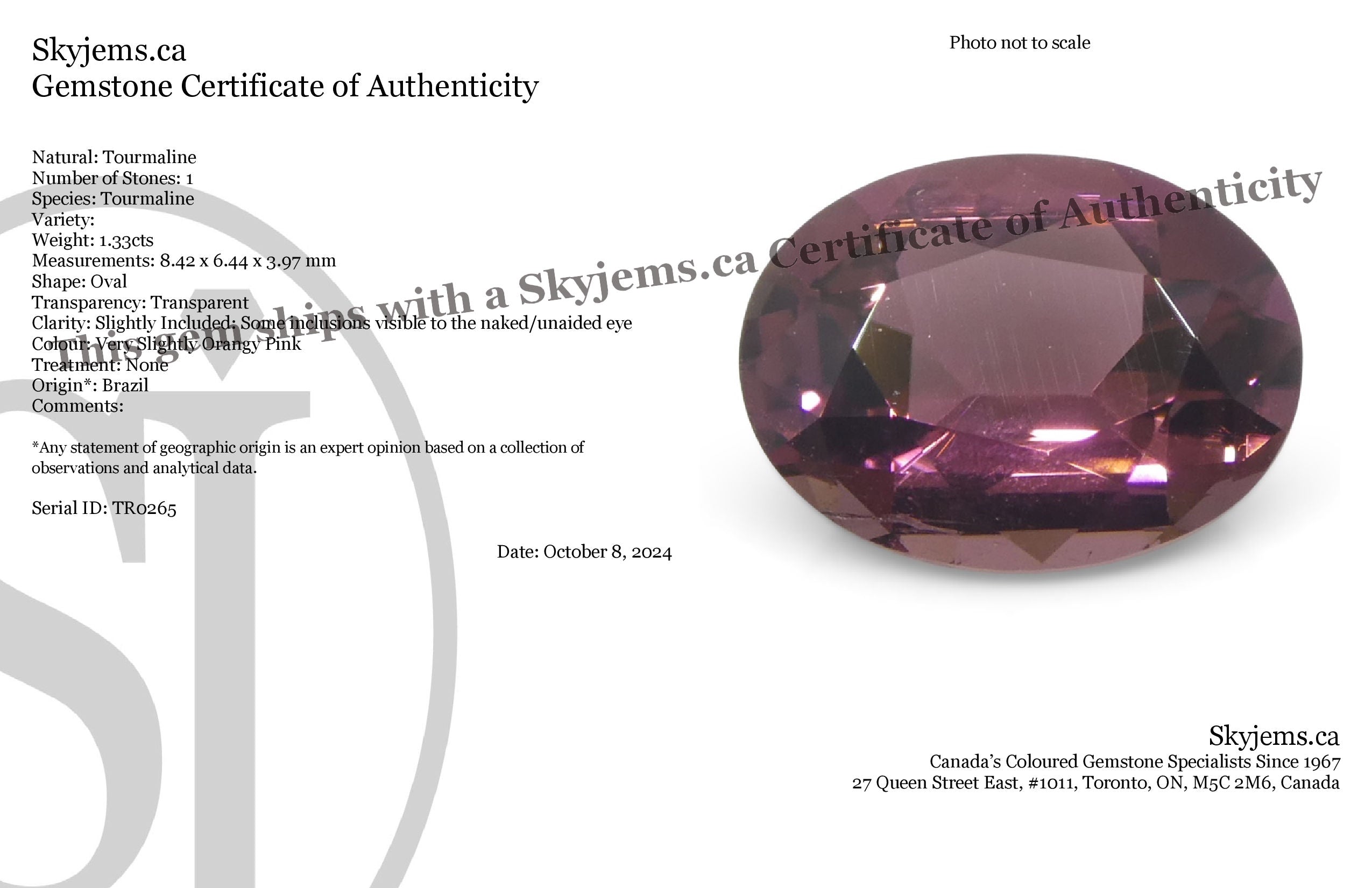 Oval pink tourmaline gemstone from Brazil, 1.33 carats, precision-cut by SkyJems Canadian gem specialists since 1967