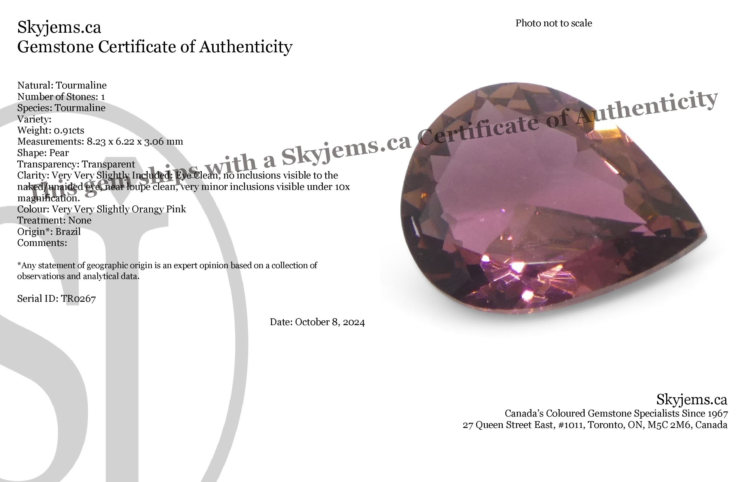 0.91ct Brazilian Pear Pink Tourmaline, brilliant-cut single stone from SkyJems' premium colored gemstone collection