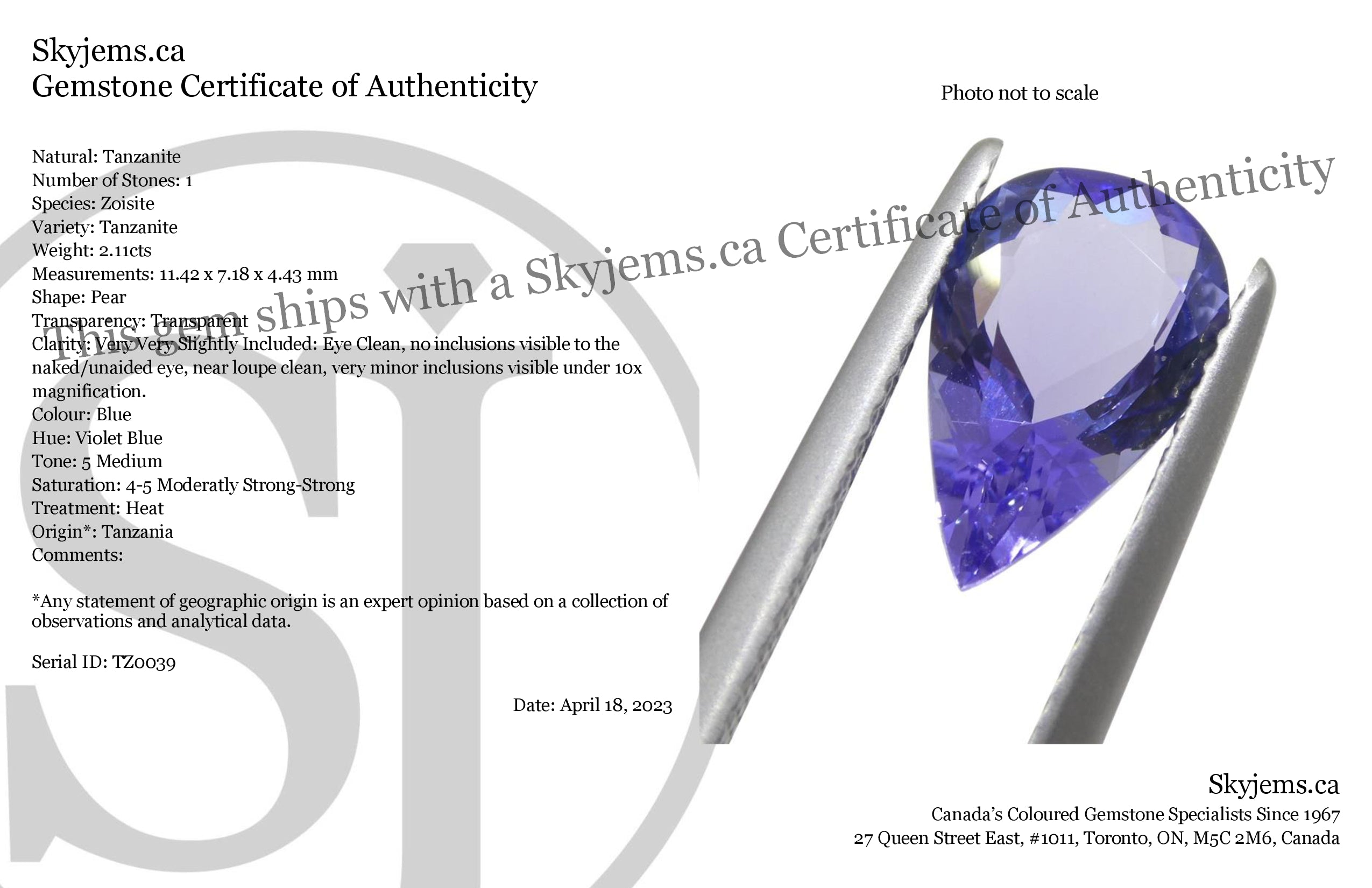 2.11ct Pear Blue Tanzanite from Tanzania, vibrant violet-blue gemstone by SkyJems, premium African colored gem specialist