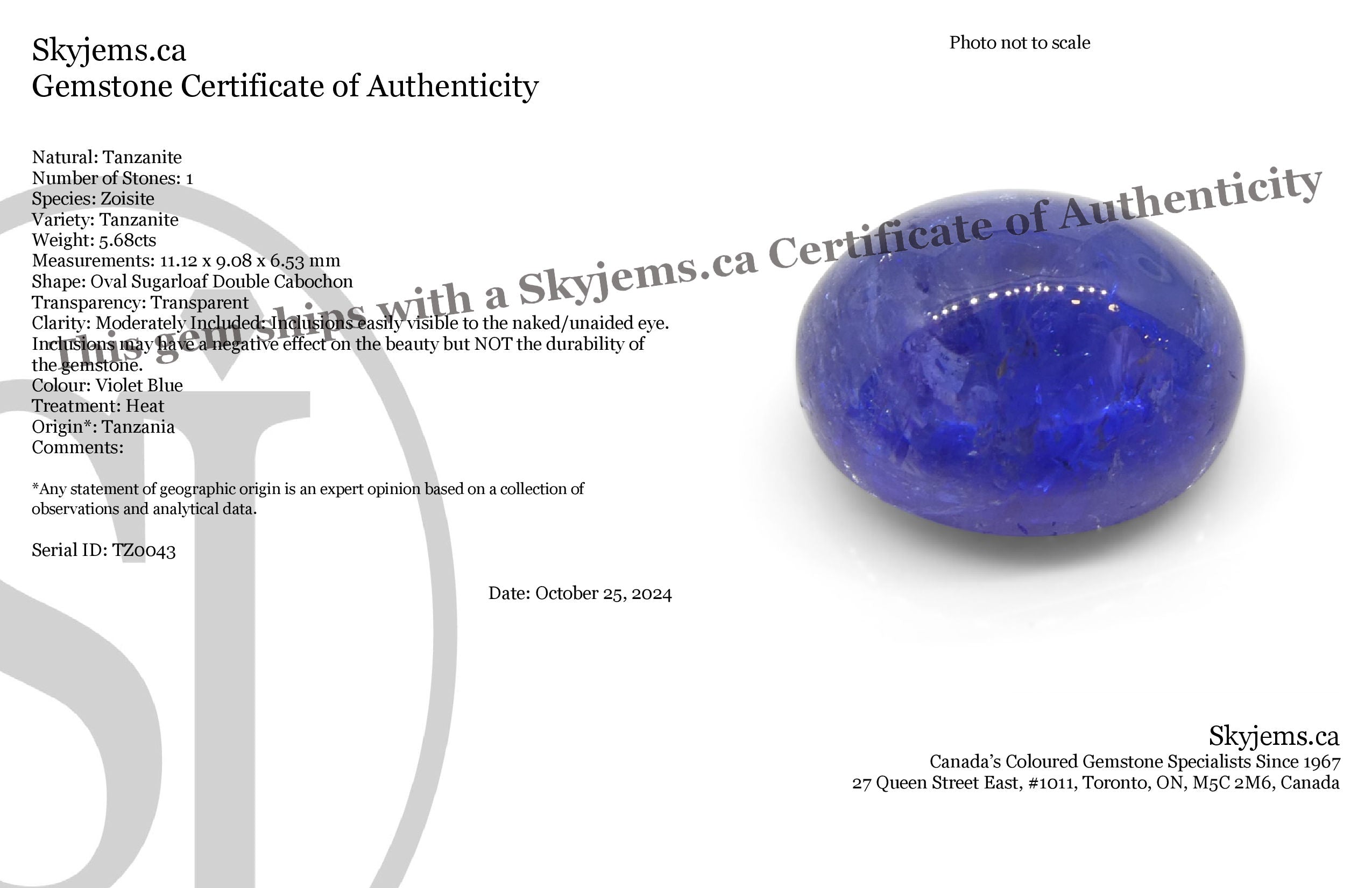 5.68ct Oval Cabochon Violet Blue Tanzanite from Tanzania - Skyjems Wholesale Gemstones